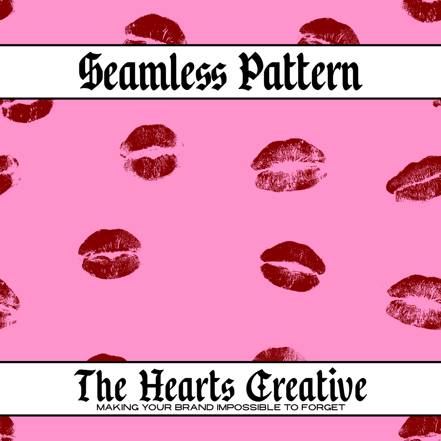 Red lipstick kiss prints on a pink seamless pattern background