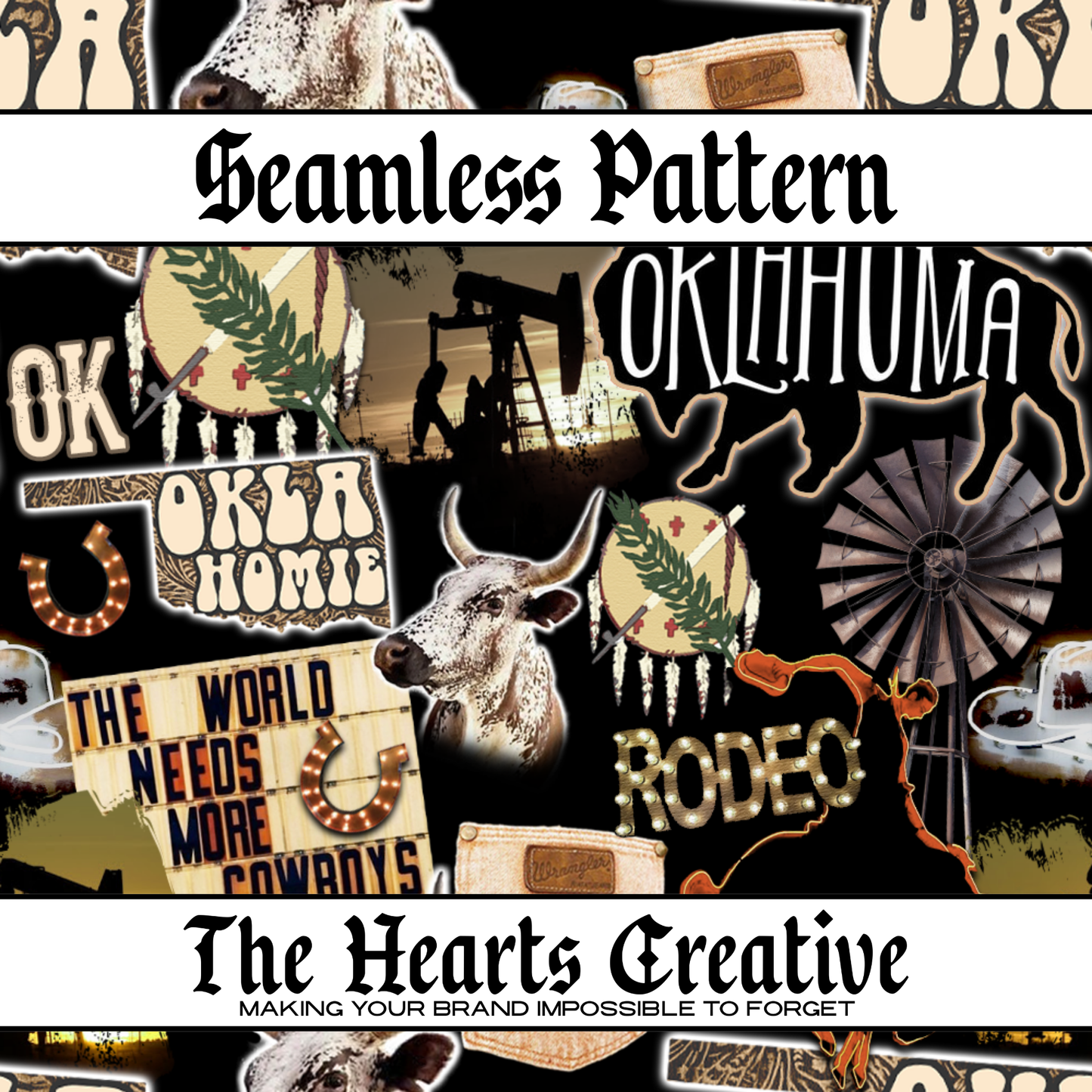 Oklahoma Cowboy Collage - Western Seamless Pattern - Digital Download
