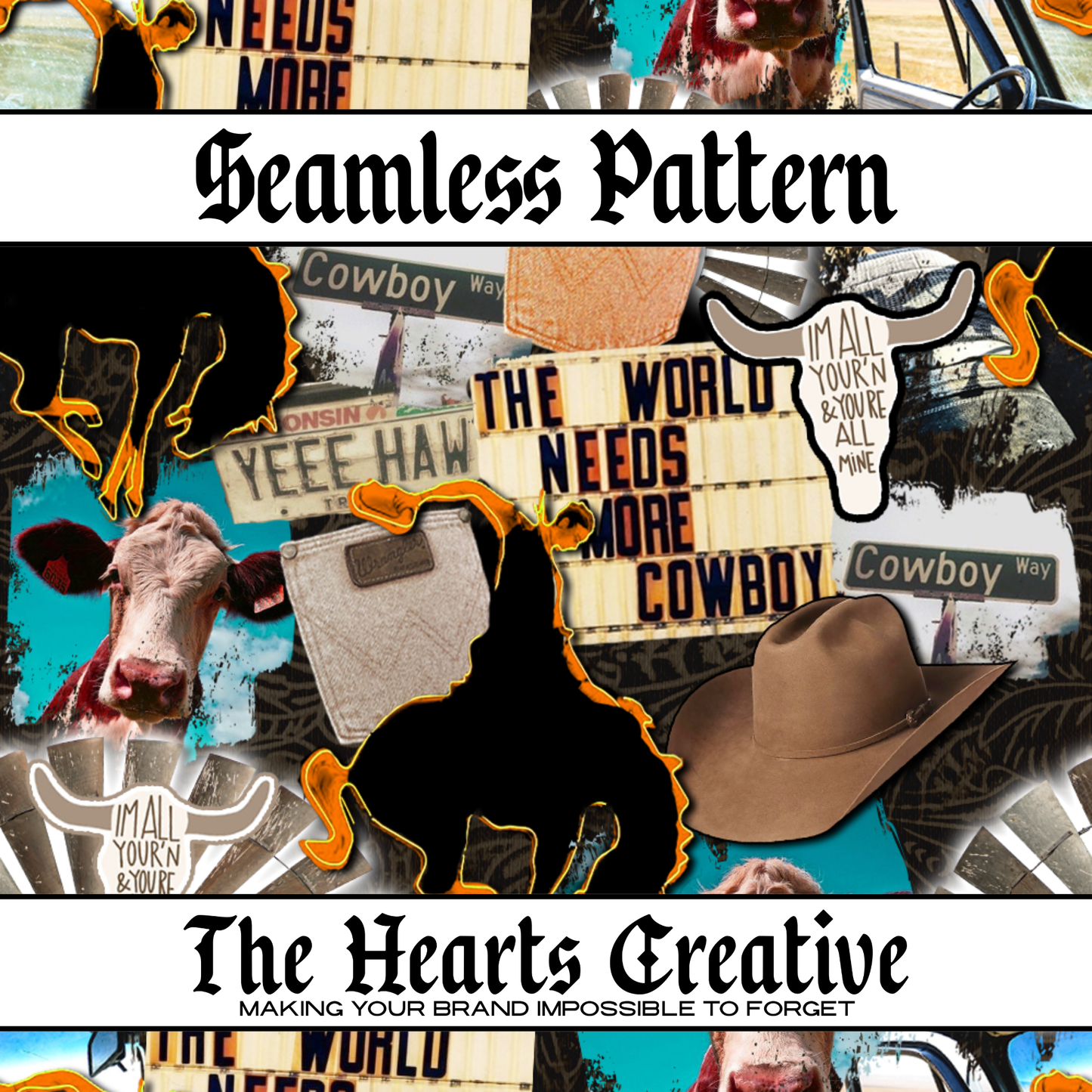 Cowboy Sign Collage - Western Seamless Pattern - Digital Download