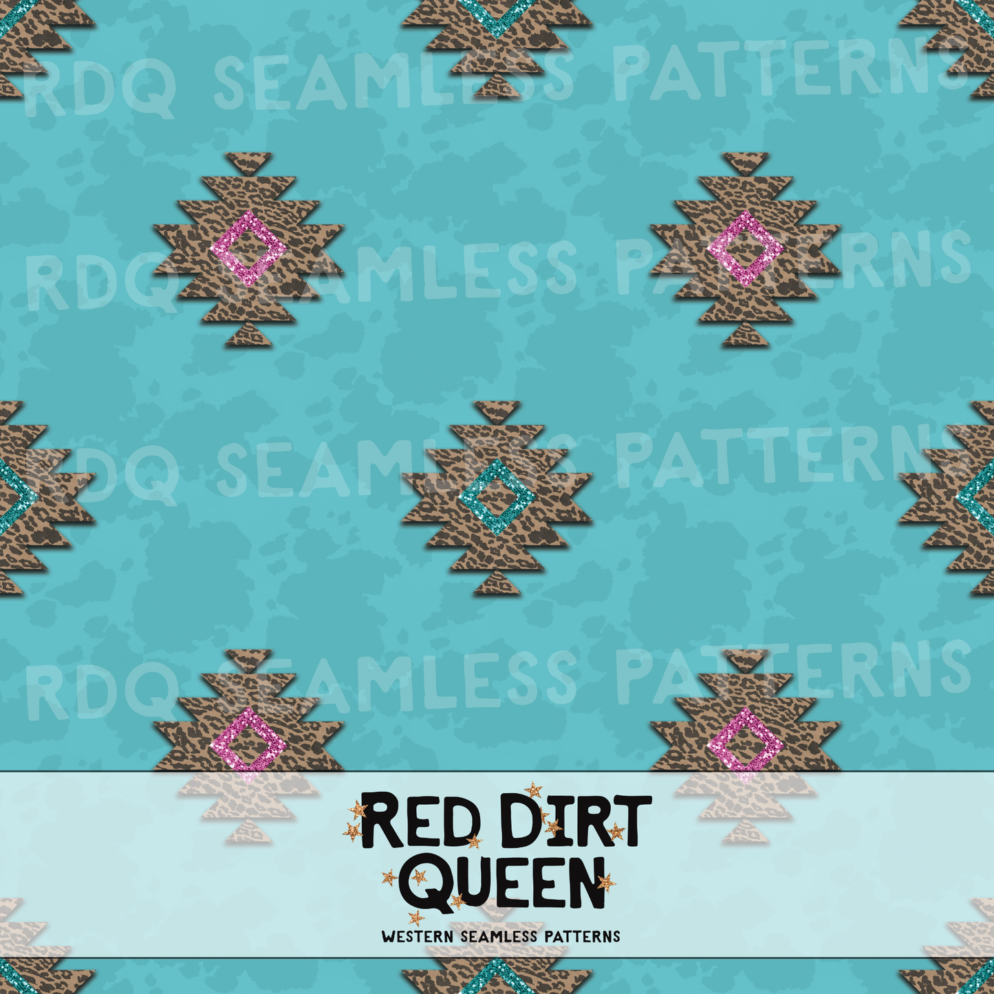 Leopard & turquoise Aztec cow print seamless pattern with glittery pink + turquoise centers – PNG, 12x12 in, 300 DPI