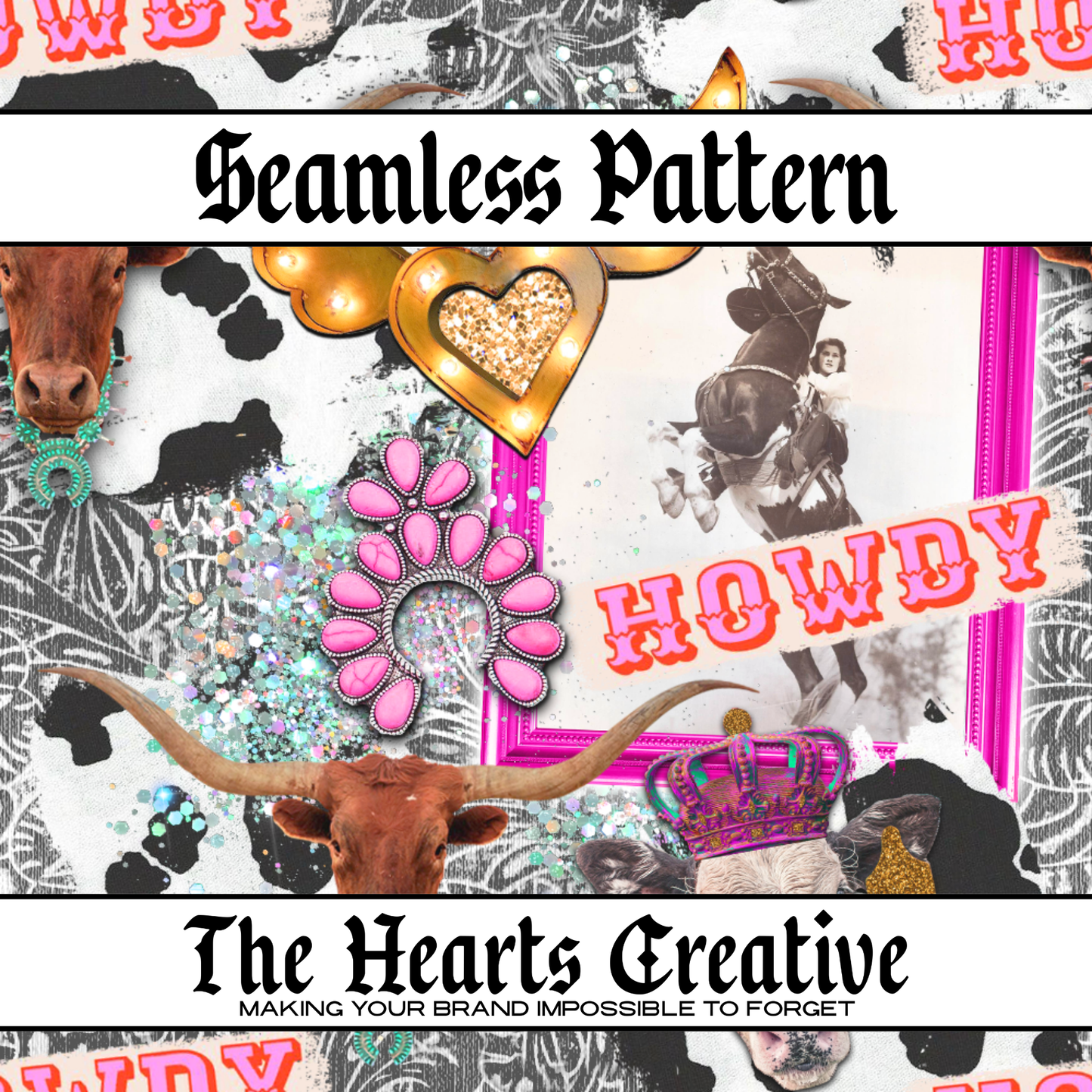 Glitter Cowgirl Collage - Western Seamless Pattern - Digital Download