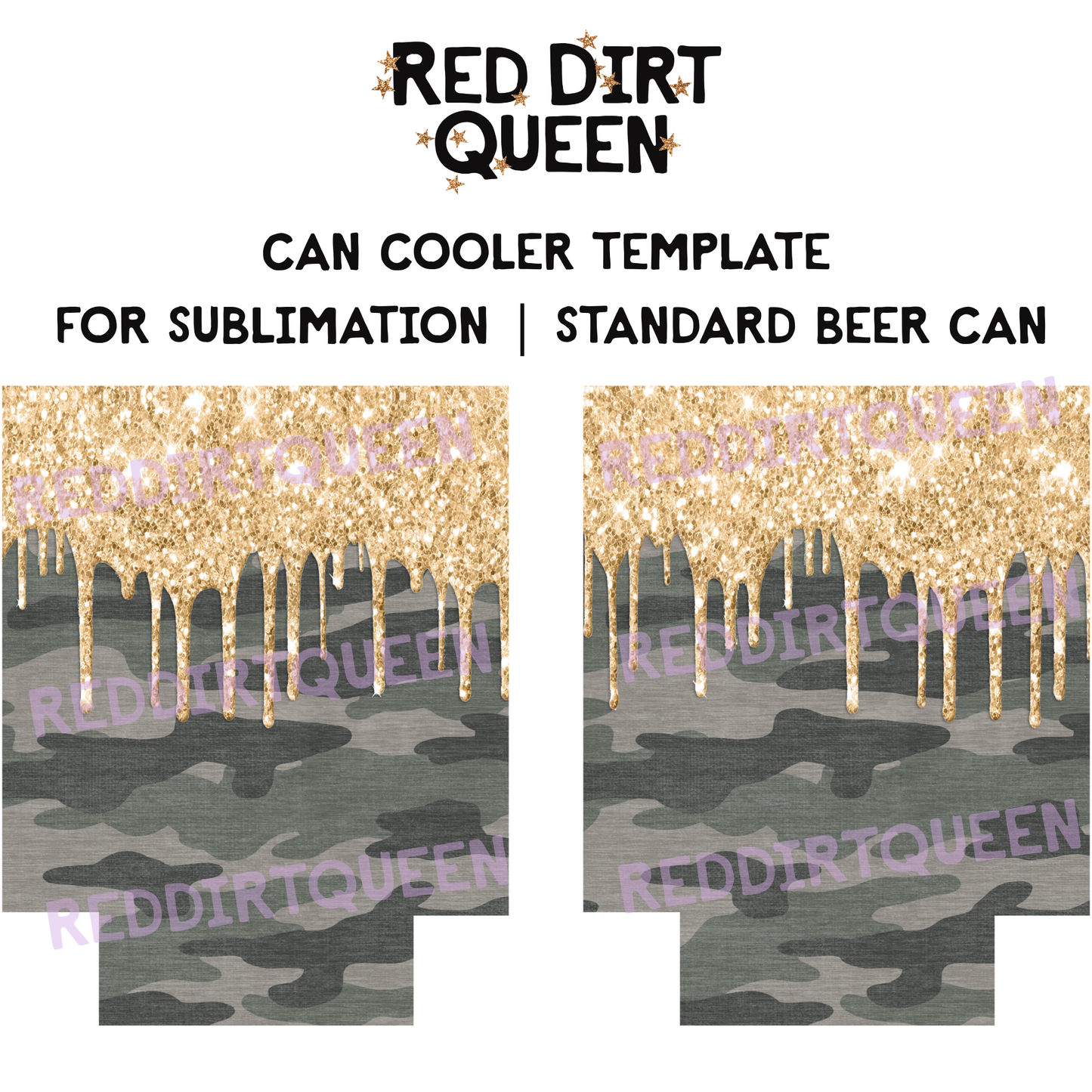 Camo print background with gold glitter drips 12oz standard can cooler sublimation template PNG