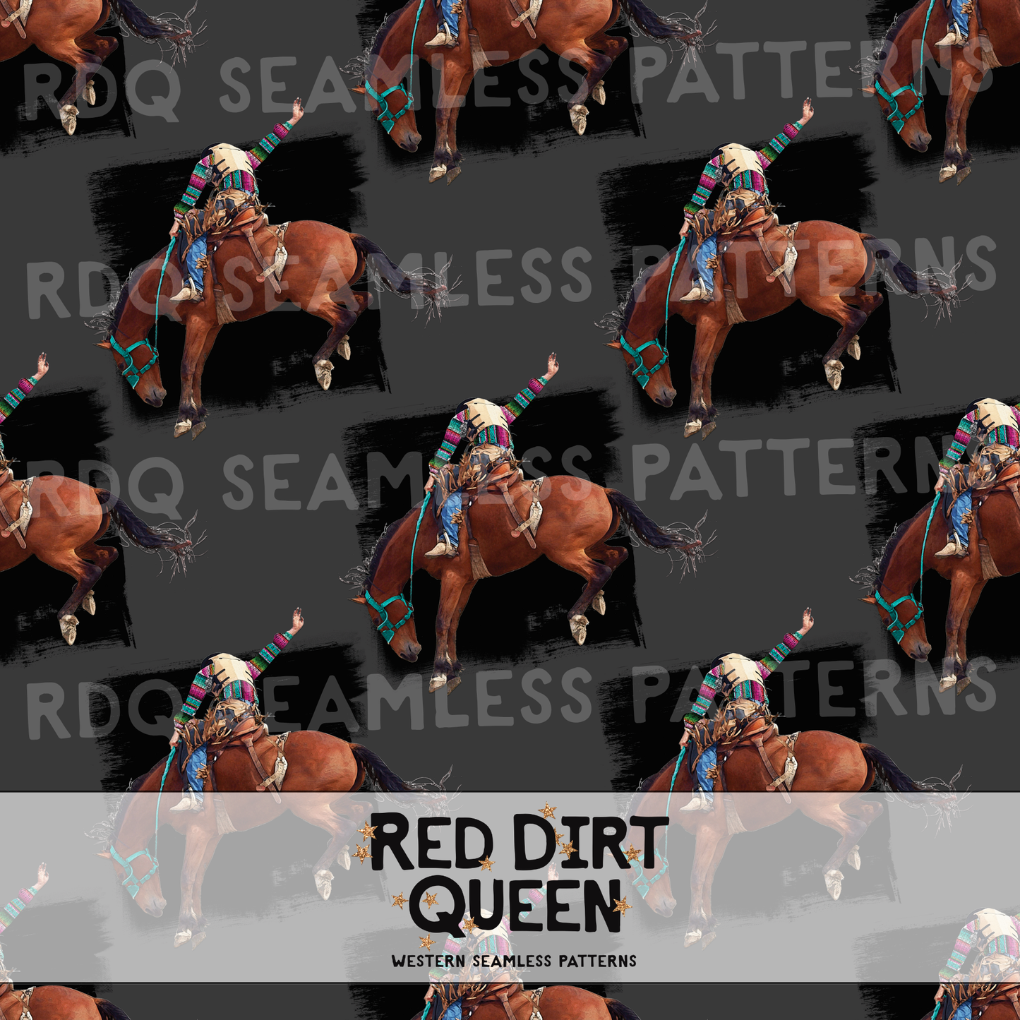 Cowboy in serape shirt on bucking horse with black distressed patches on gray seamless pattern
