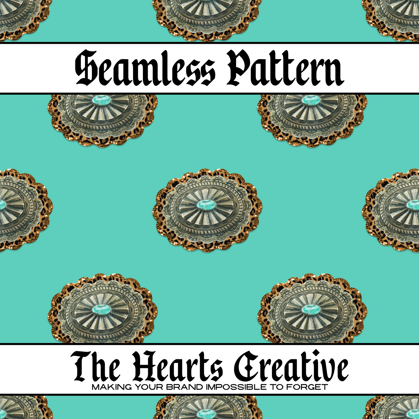 Leopard print turquoise conchos on a seamless turquoise background