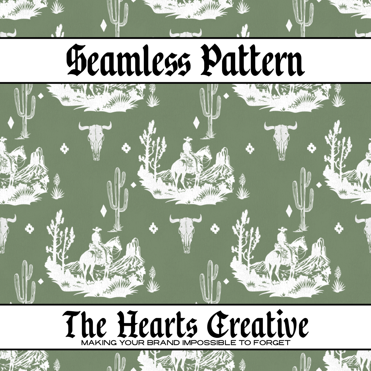 Green Cowboy Scene - Western Seamless Pattern - Digital Download