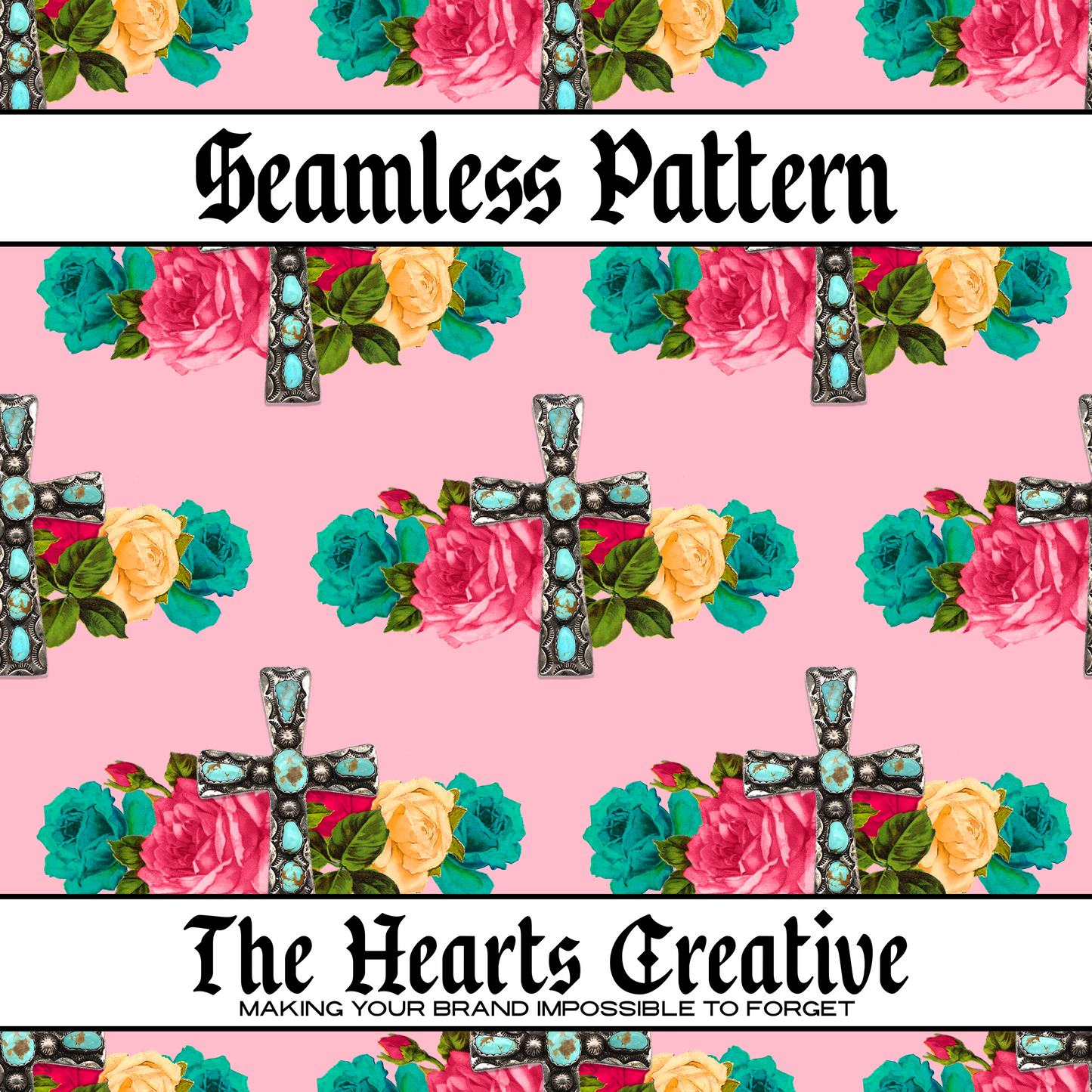 Turquoise stone crosses with colorful florals on a seamless pink background
