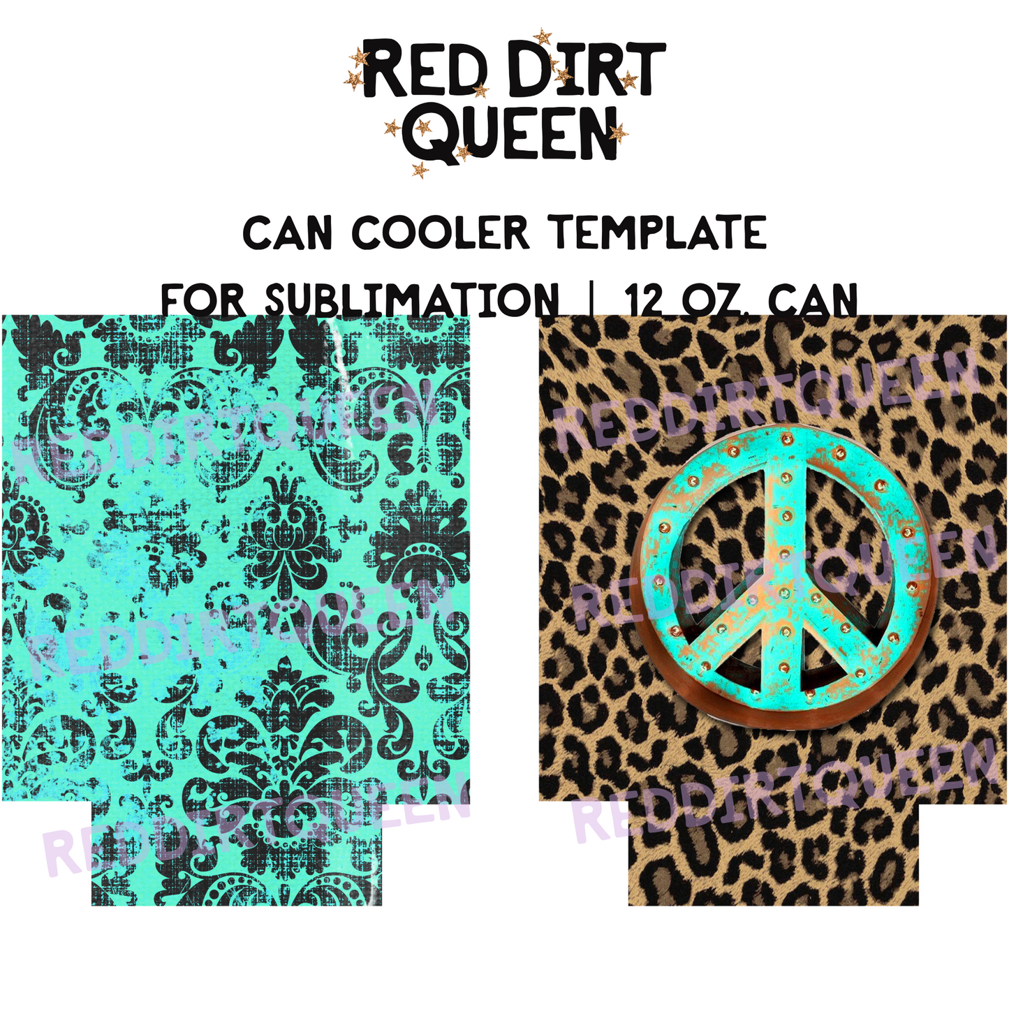 Leopard print with turquoise peace sign and turquoise distressed damask 12oz standard can cooler sublimation template PNG