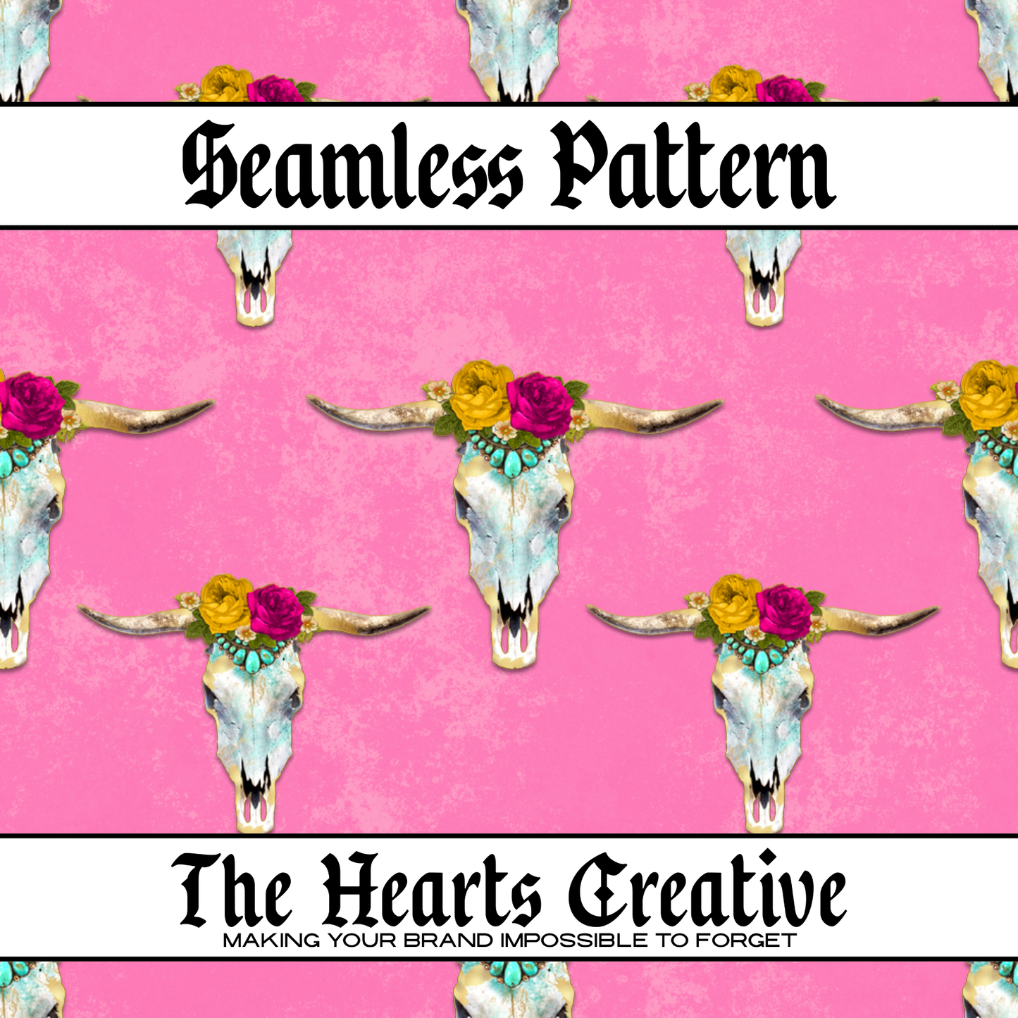 Pink Floral Skulls - Western Seamless Pattern - Digital Download