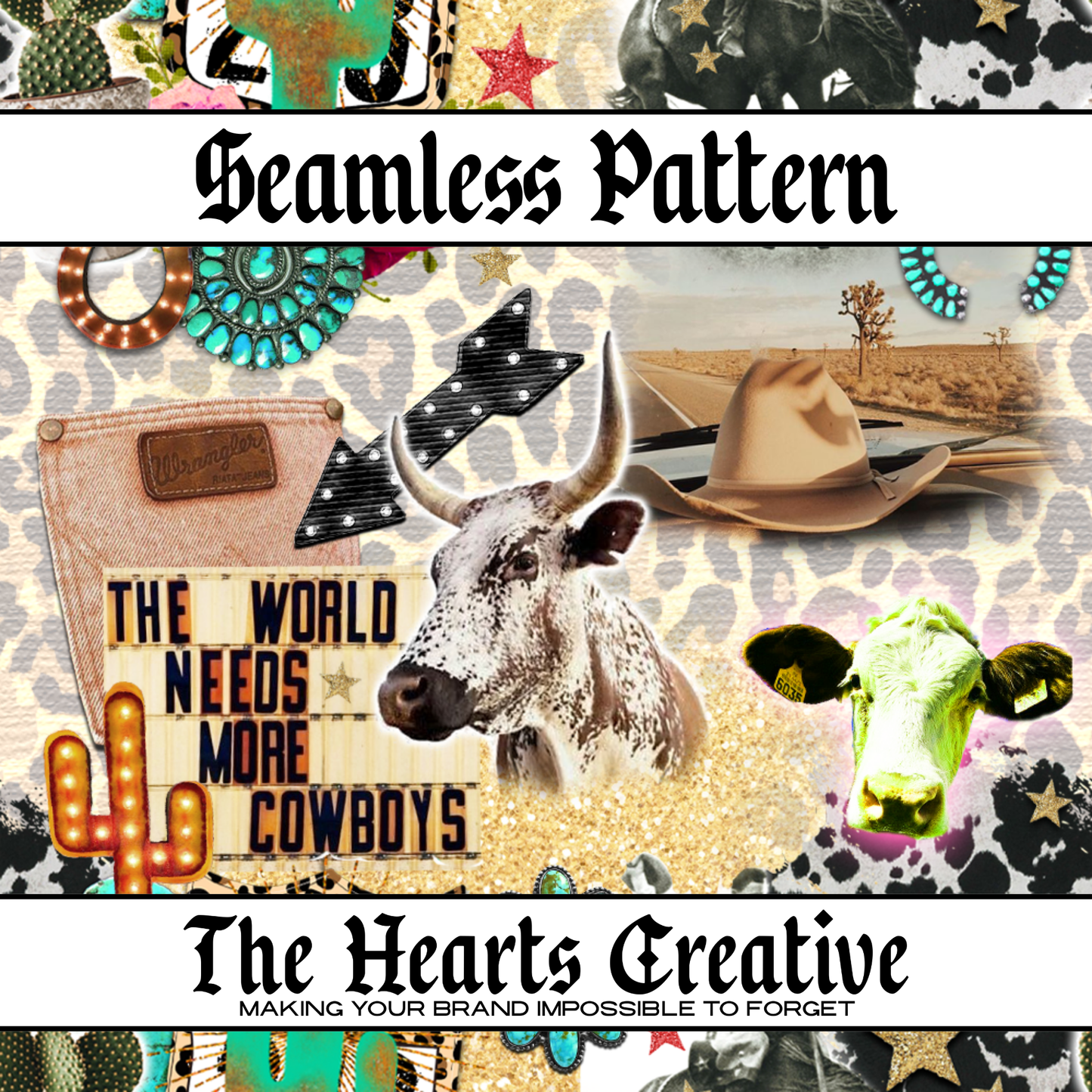 Cowgirl Leopard Collage - Western Seamless Pattern - Digital Download