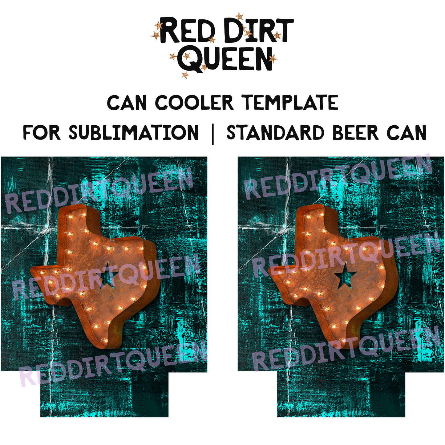 Distressed turquoise background with Texas-shaped marquee sign 12oz standard can cooler sublimation template PNG