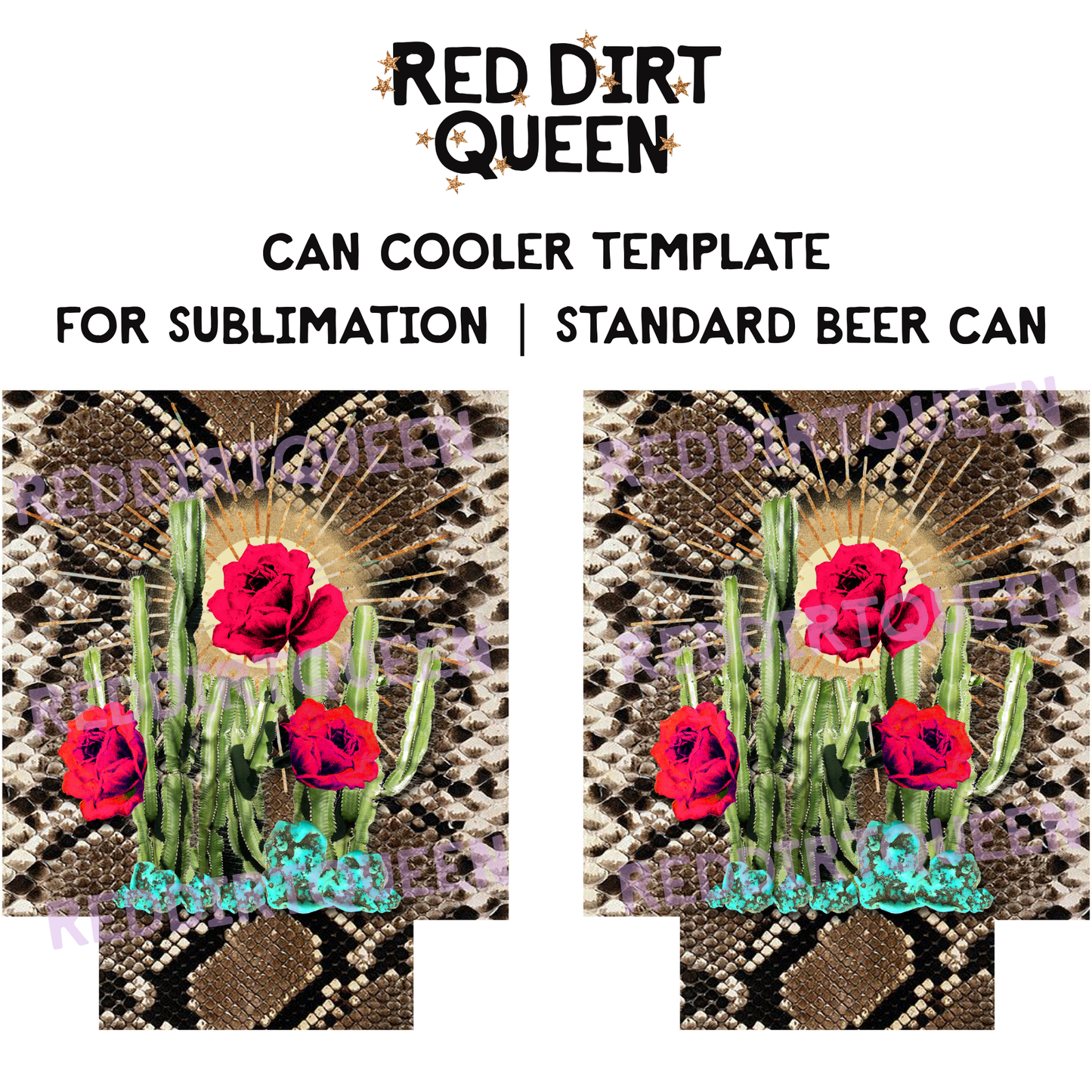 Brown snakeskin background with floral cactus 12oz standard can cooler sublimation template PNG