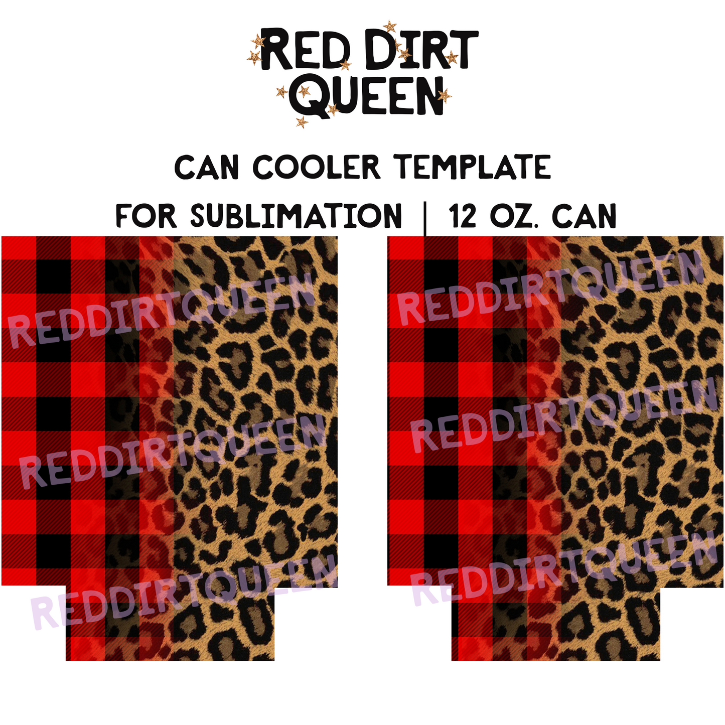 Red and black buffalo plaid fading into leopard print 12oz standard can cooler sublimation template PNG