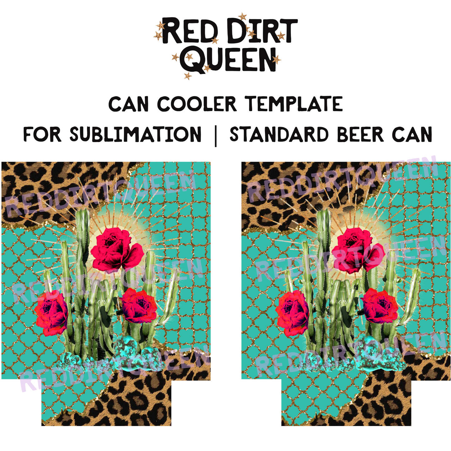 Leopard and turquoise background with floral cactus 12oz standard can cooler sublimation template PNG