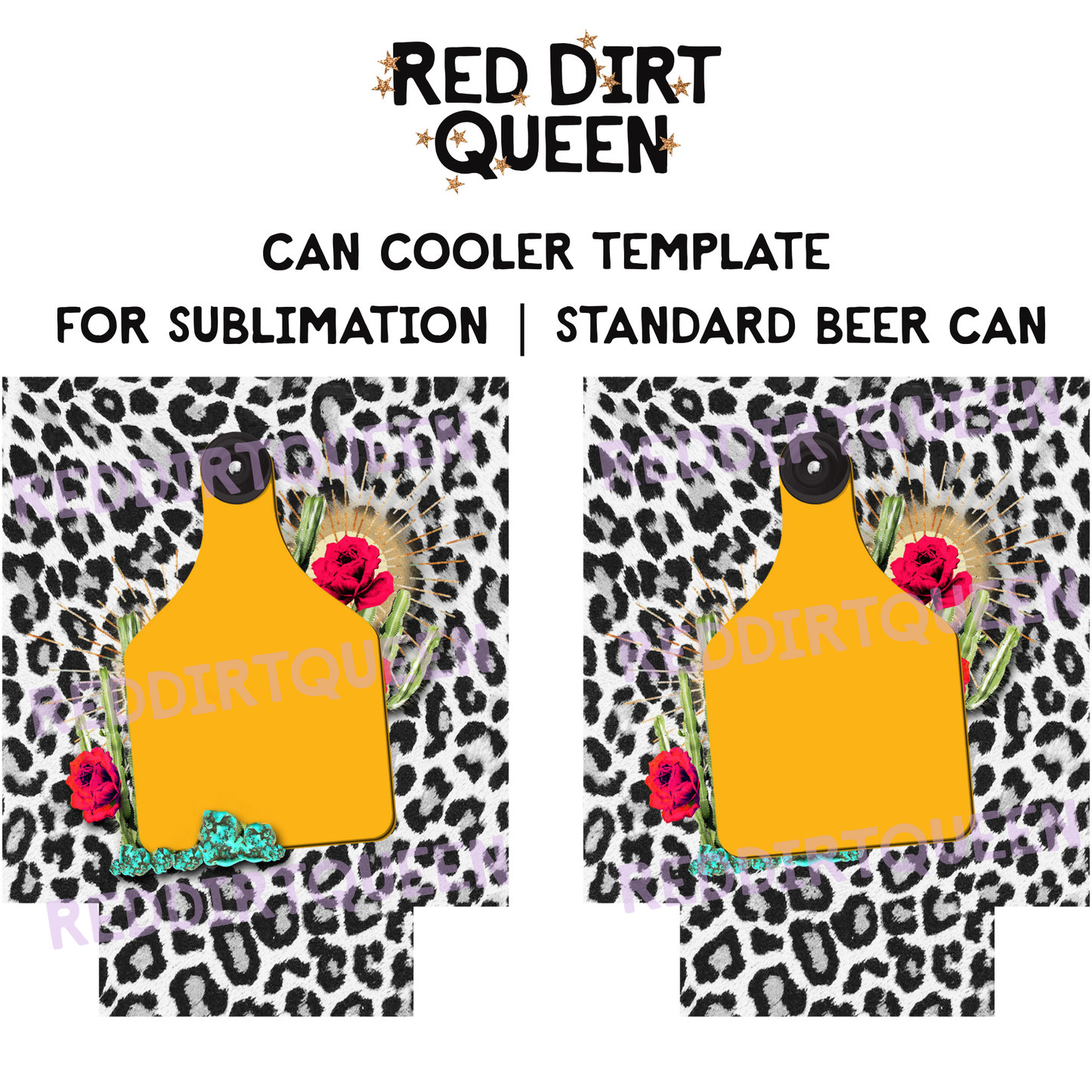 Black and white leopard background with yellow cow tag and floral cactus 12oz standard can cooler sublimation template PNG