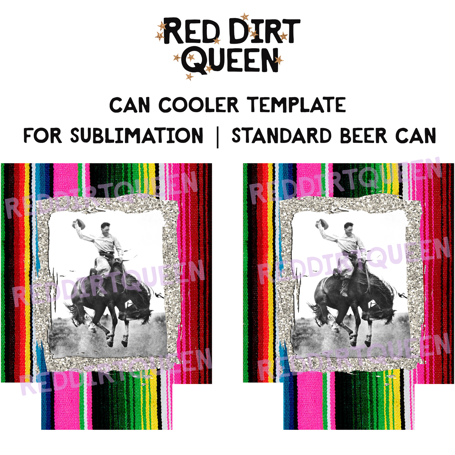 Serape background with silver glitter and vintage cowboy on bucking horse 12oz standard can cooler sublimation template PNG