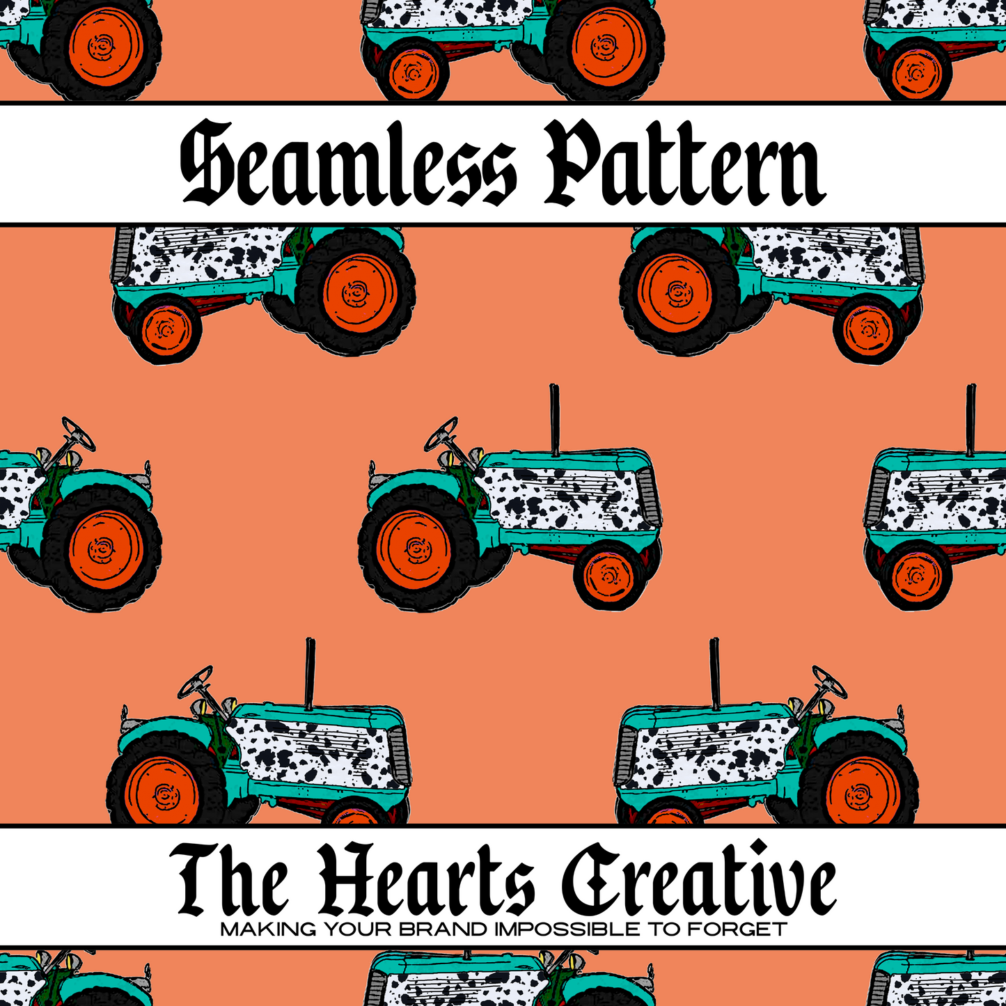 Cow print tractors on a seamless orange background