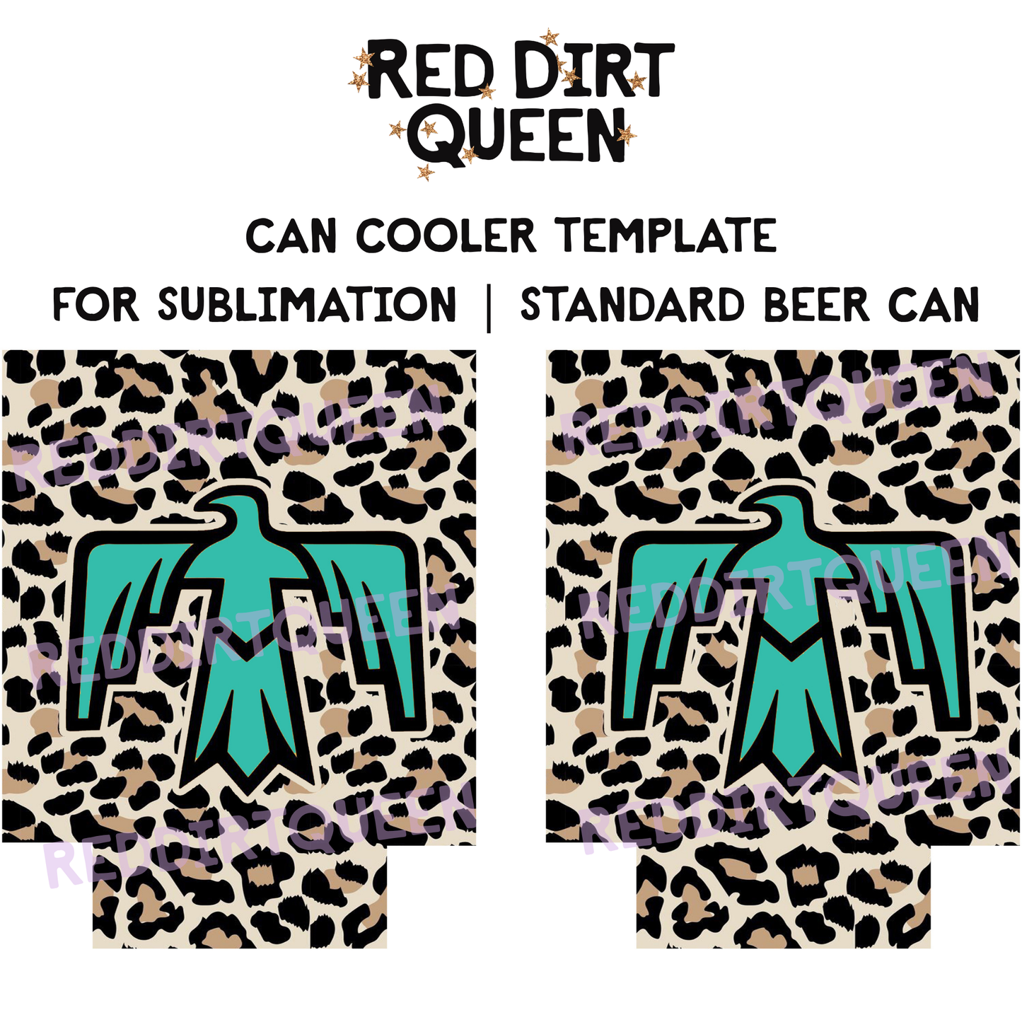 Leopard print background with turquoise thunderbird design 12oz standard can cooler sublimation template PNG