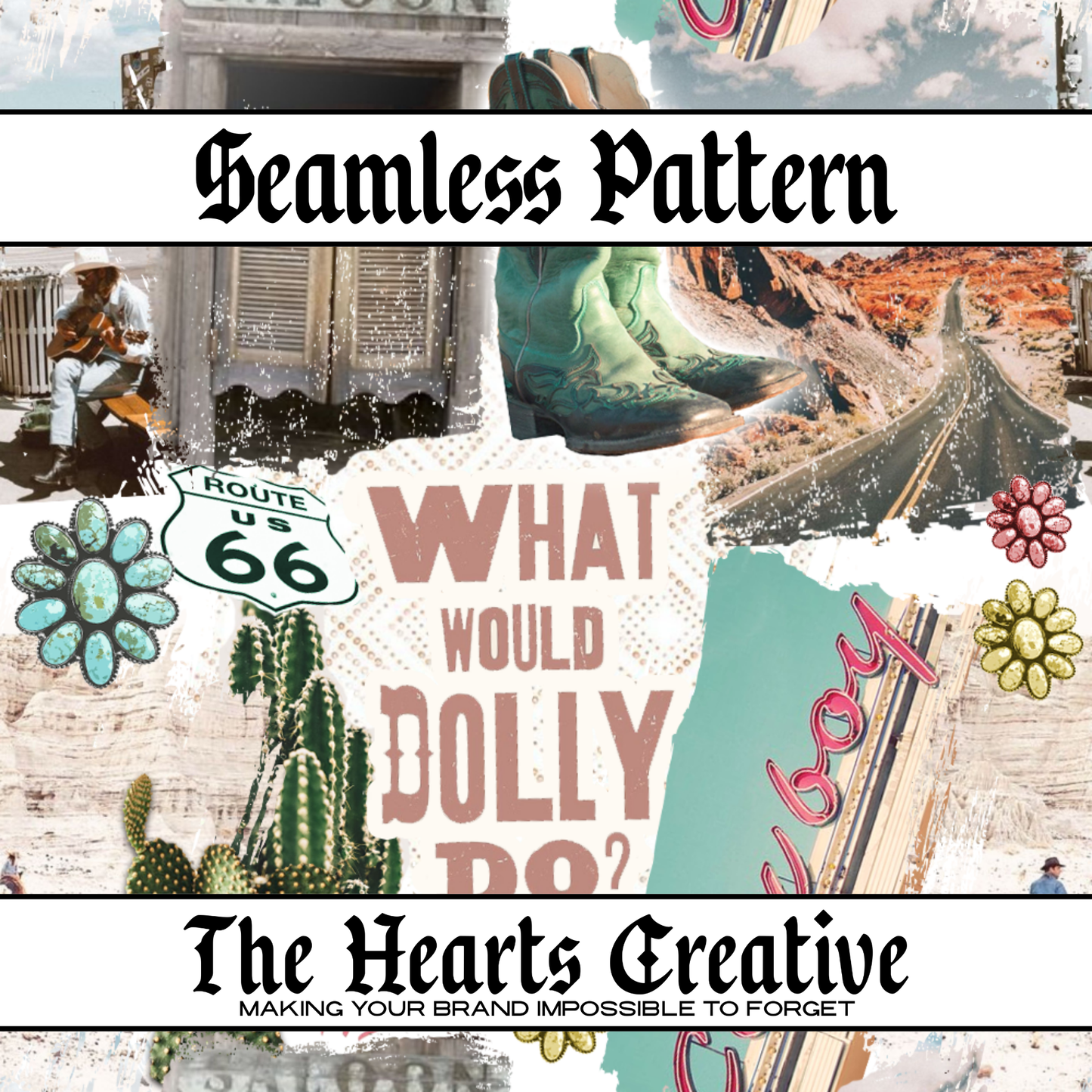 Cowgirl Road Trip Collage - Western Seamless Pattern - Digital Download