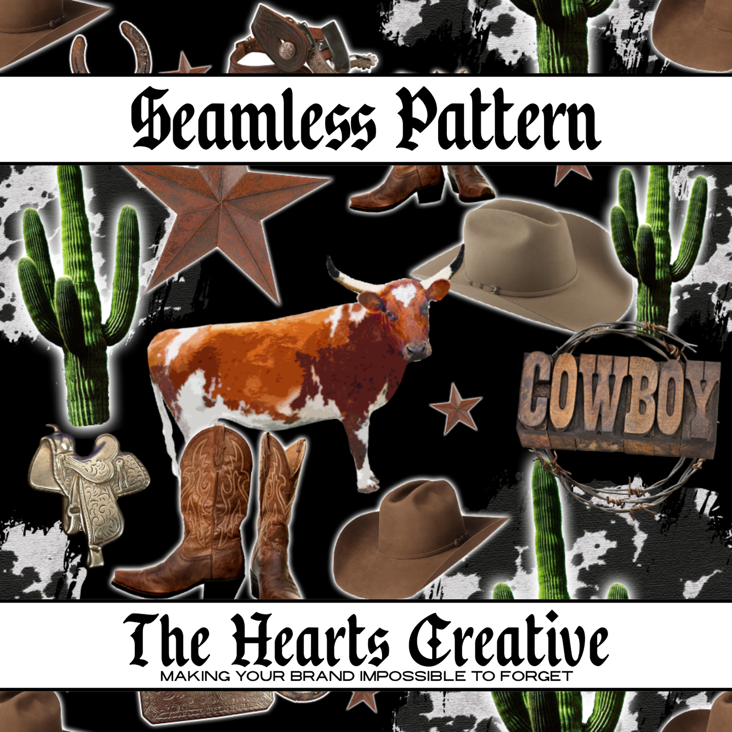 Cactus Cowboy Collage - Western Seamless Pattern - Digital Download