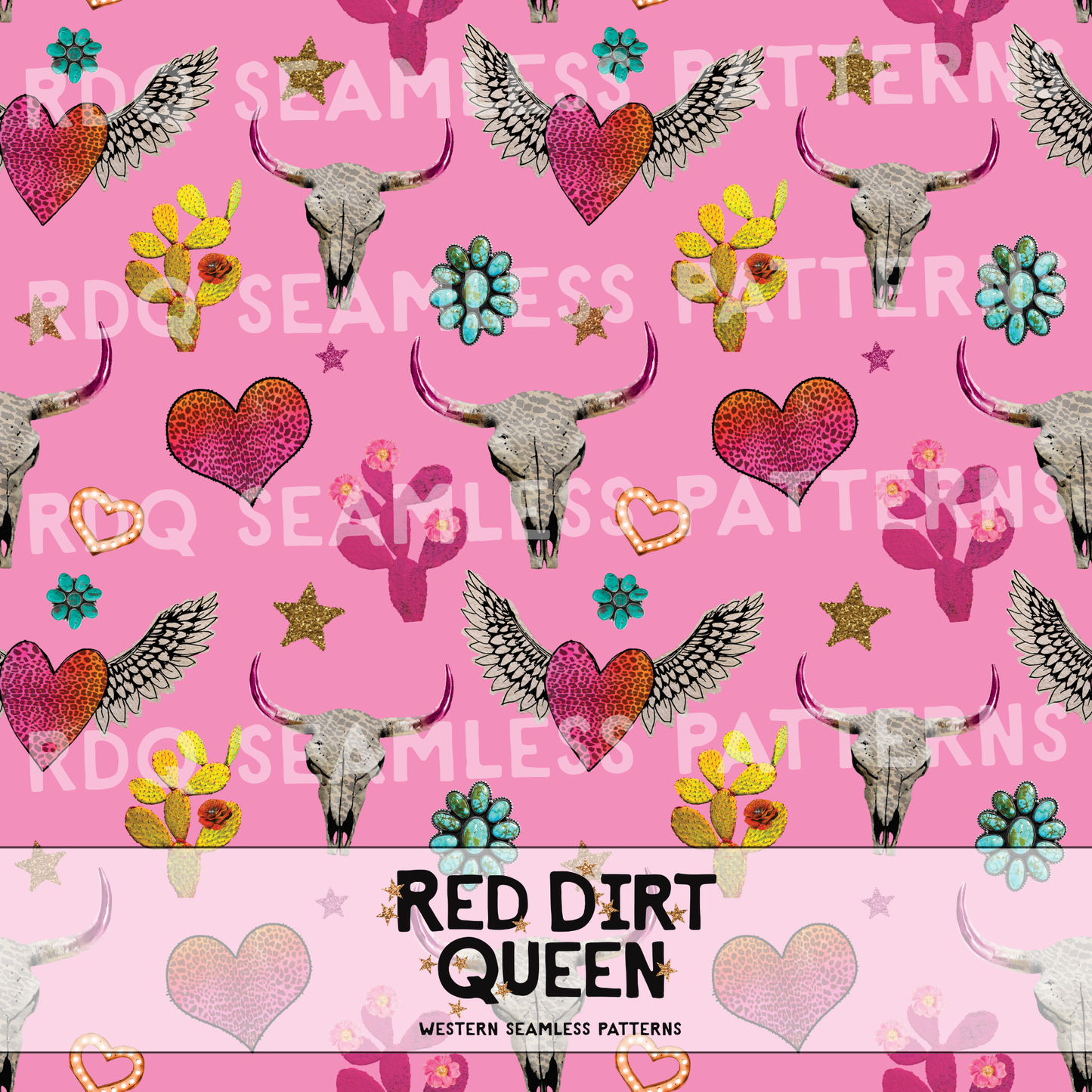 Fun leopard western seamless pattern with bull skulls, cactus, turquoise stones, glitter stars & leopard hearts on a pink background – PNG, 12x12 in, 300 DPI