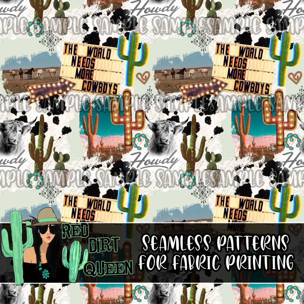 Seamless Pattern Cowboy Cactus Collage – Red Dirt Queen Digital Design