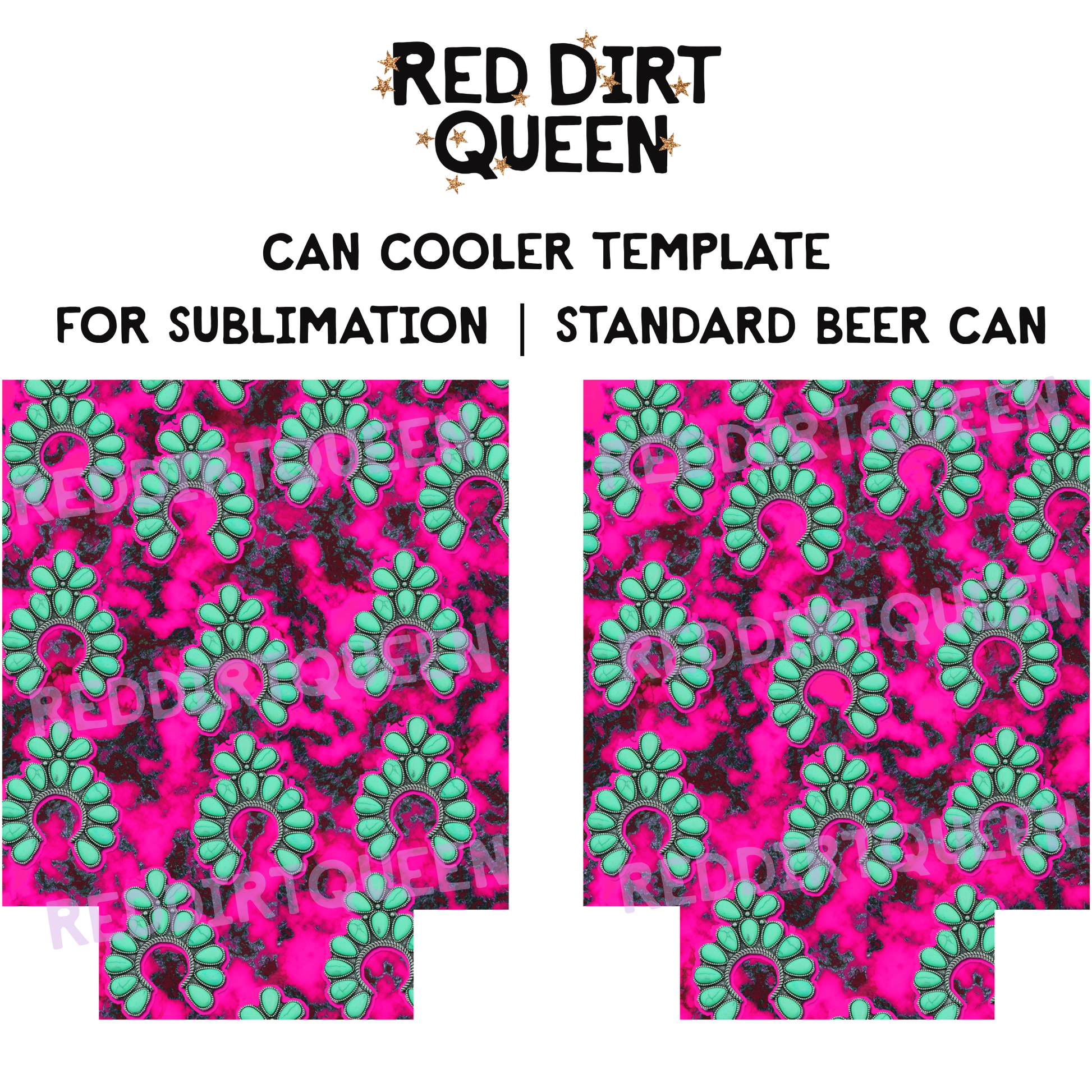 Hot pink marbled background with turquoise stones on top 12oz standard can cooler sublimation template PNG