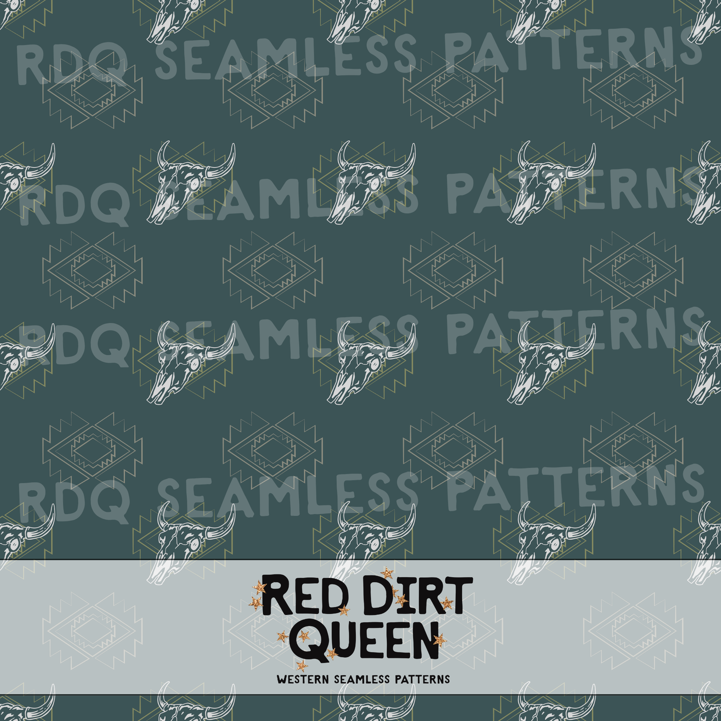 Western bull skull seamless pattern with Aztec shapes on dark teal background – PNG, 12x12 in, 300 DPI