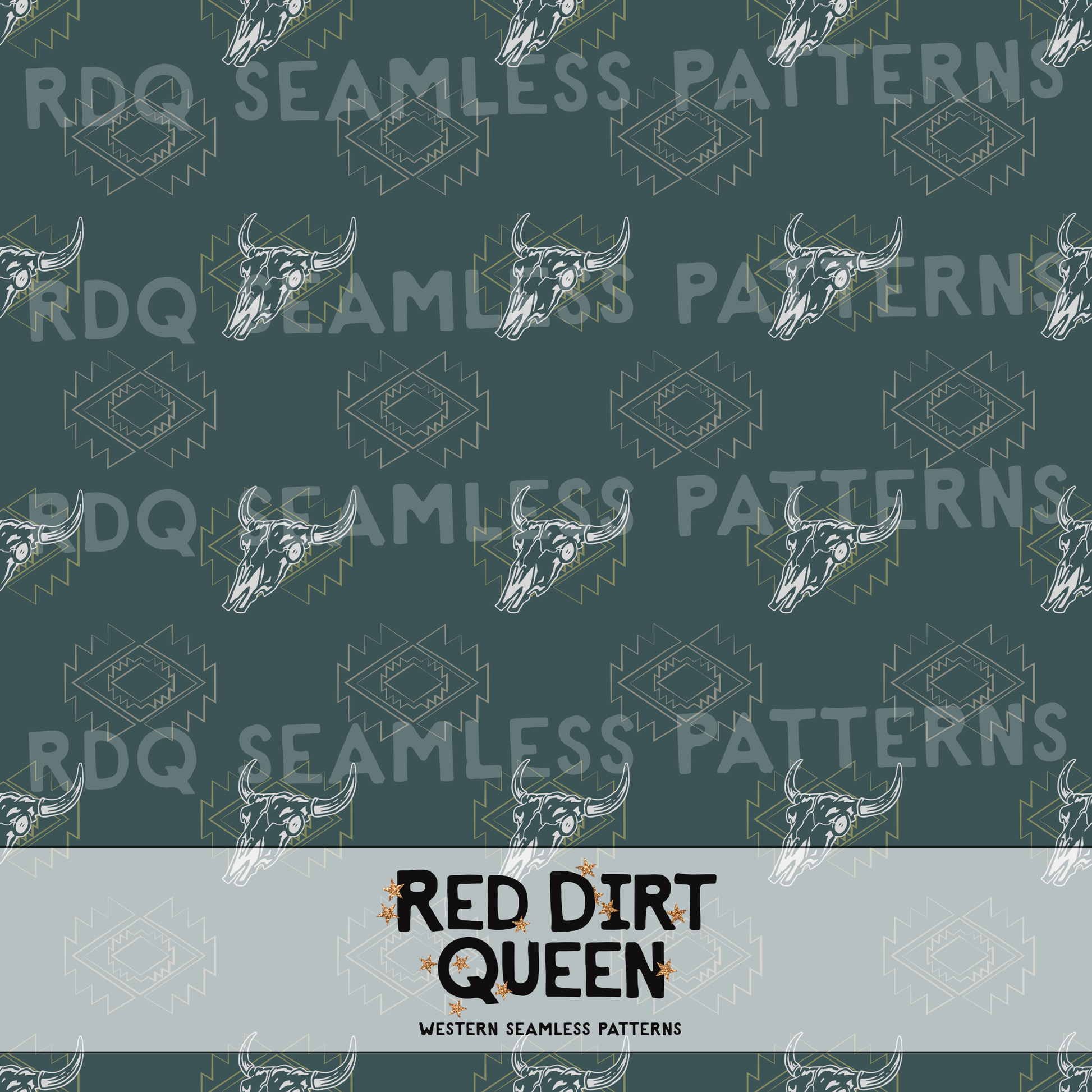 Western bull skull seamless pattern with Aztec shapes on dark teal background – PNG, 12x12 in, 300 DPI
