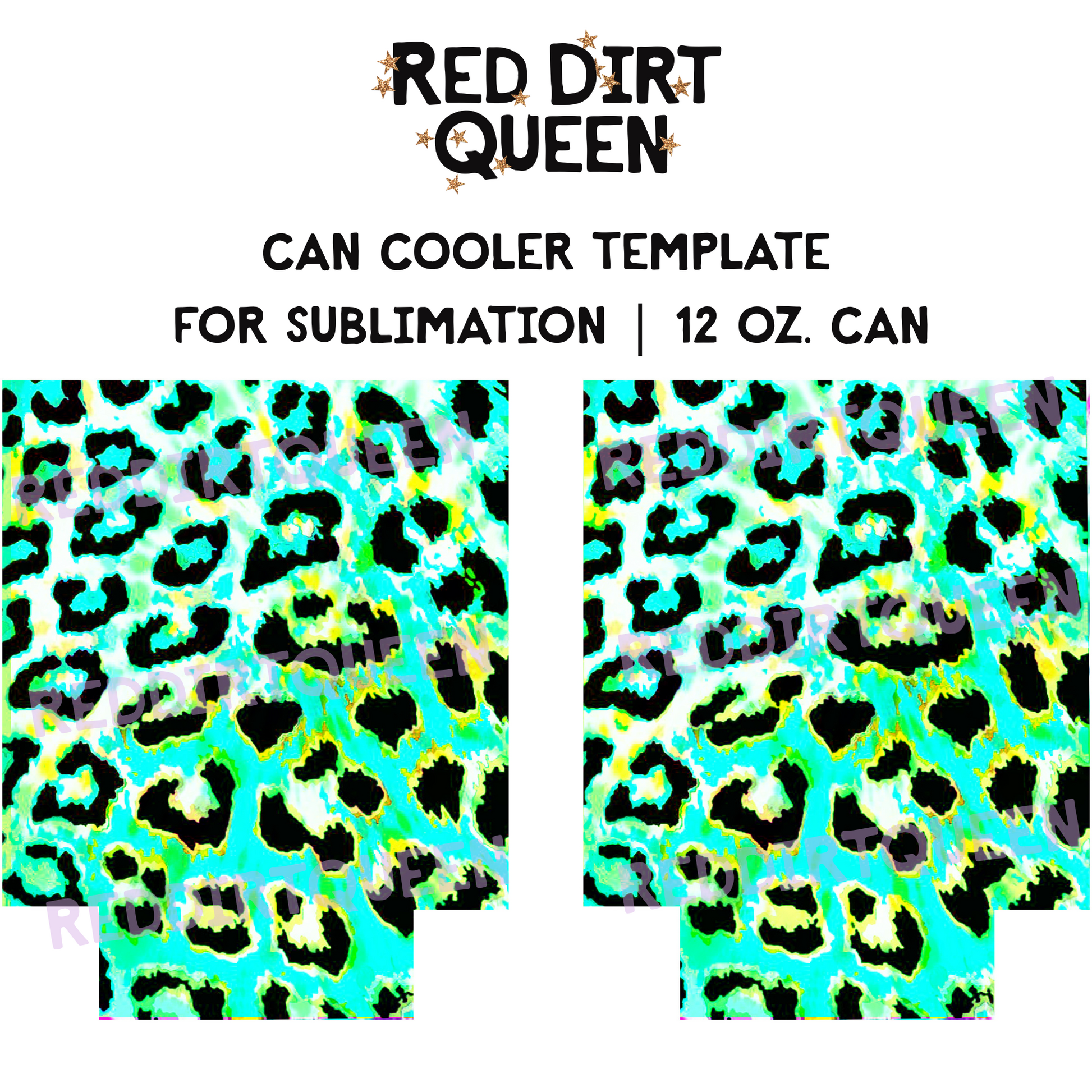 Neon green, turquoise, and yellow leopard print 12oz standard can cooler sublimation template PNG