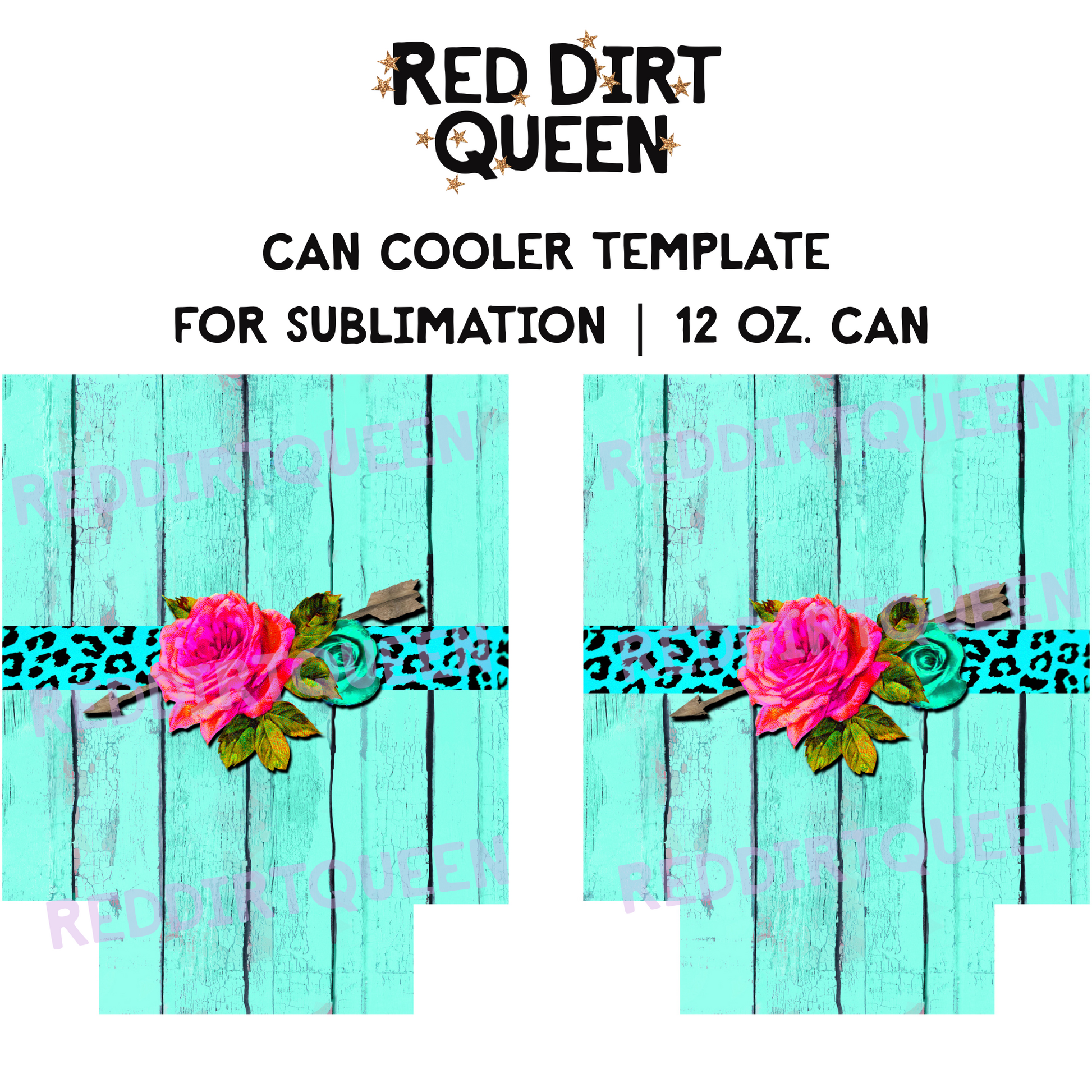 Turquoise wood background with leopard stripe and floral arrow 12oz standard can cooler sublimation template PNG