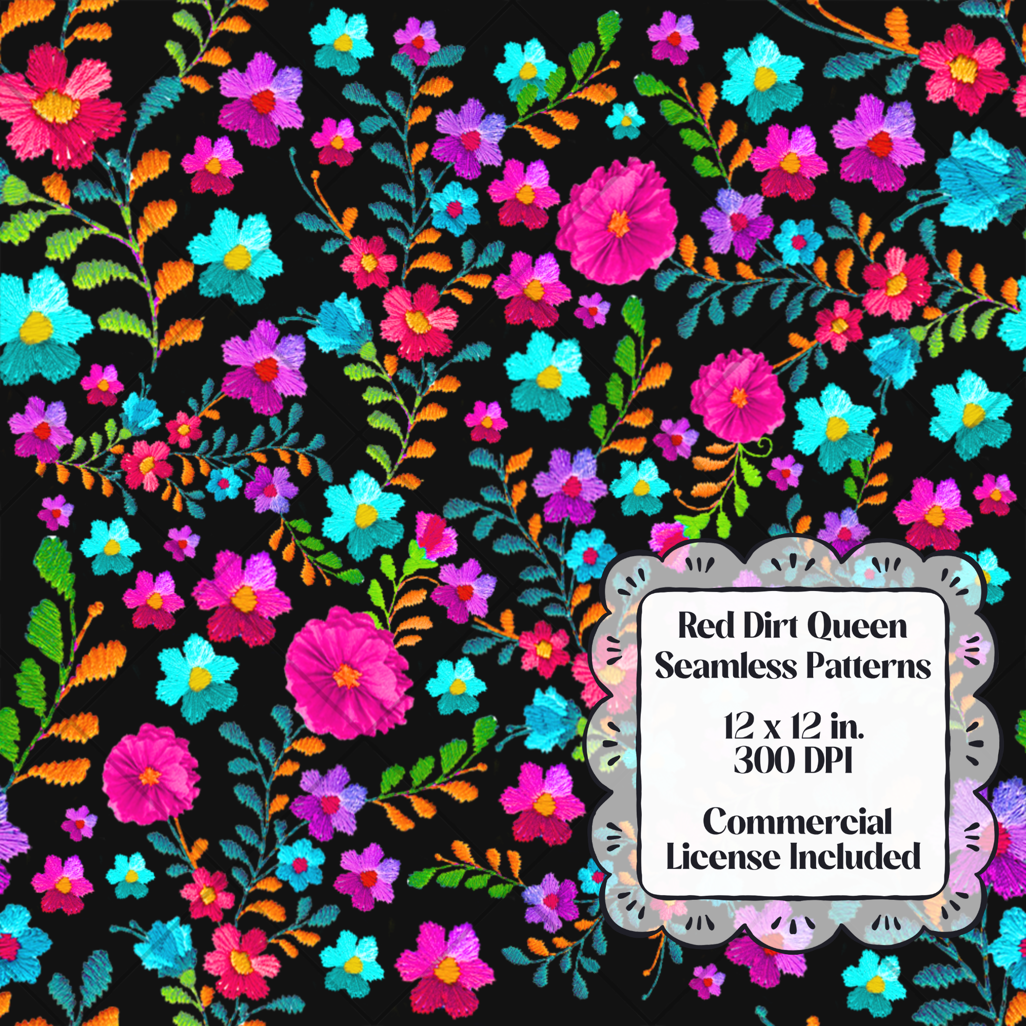 Colorful Stitched Floral Seamless Pattern
