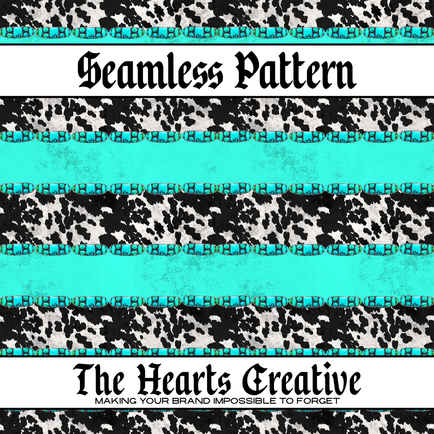 Black and white cowhide and turquoise stripe seamless pattern background