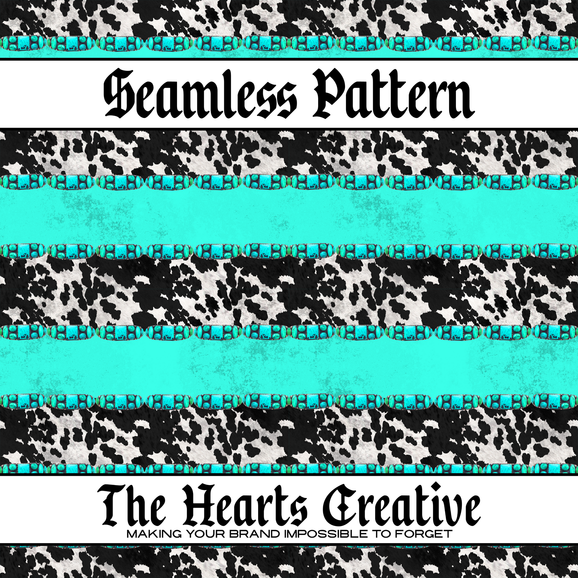 Black and white cowhide and turquoise stripe seamless pattern background