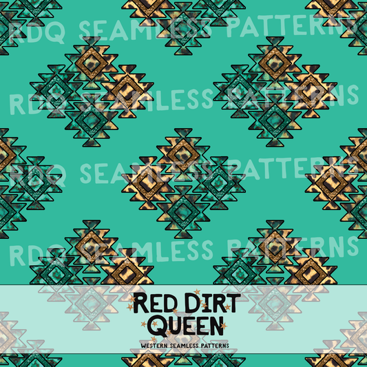 Turquoise background with Aztec design fading from turquoise stone to leopard and glitter seamless pattern