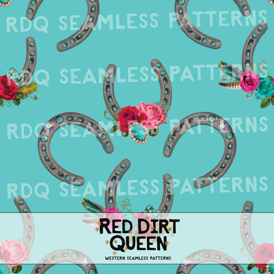 Floral horseshoes with turquoise stones and rhinestones on turquoise seamless background