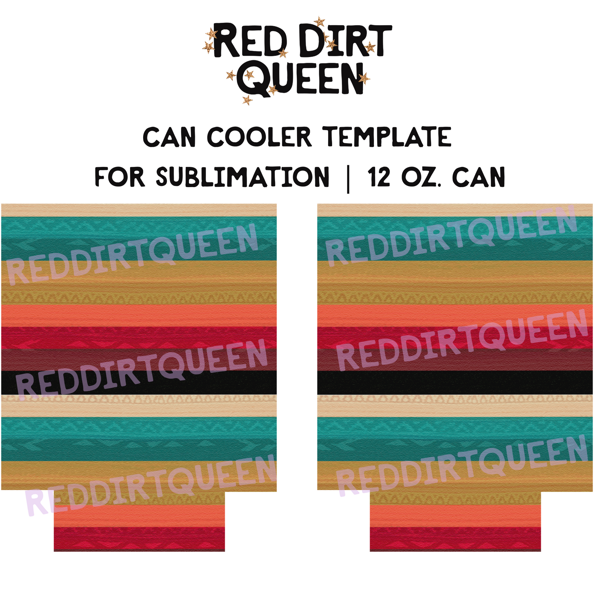 Southwest stripes in turquoise, orange, red, tan, and dark yellow 12oz standard can cooler sublimation template PNG