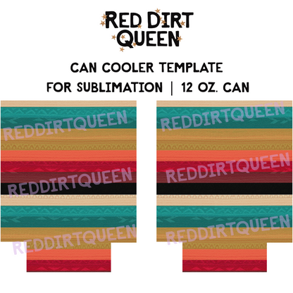 Southwest stripes in turquoise, orange, red, tan, and dark yellow 12oz standard can cooler sublimation template PNG