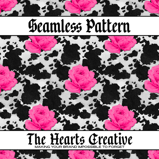 Pink roses on a black and white cowhide seamless pattern background