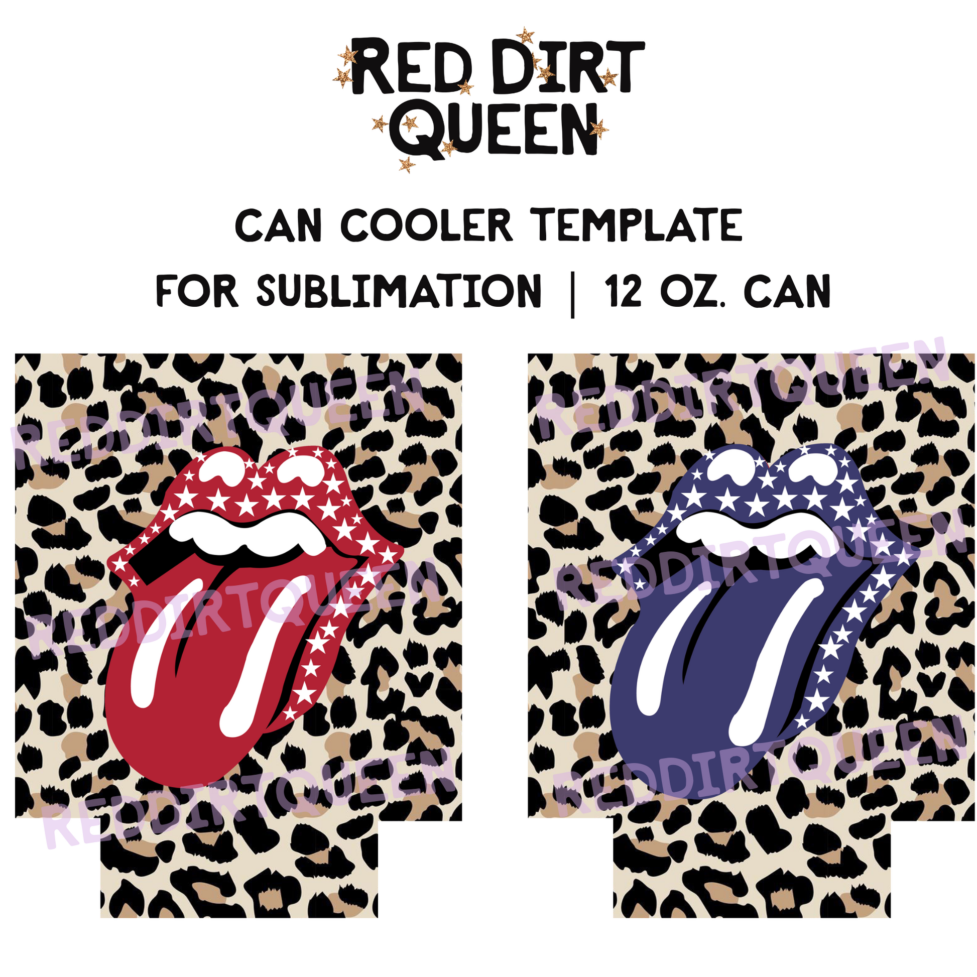 Leopard print with trendy red, white, and blue patriotic lips 12oz standard can cooler sublimation template PNG