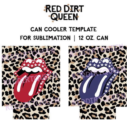 Leopard print with trendy red, white, and blue patriotic lips 12oz standard can cooler sublimation template PNG