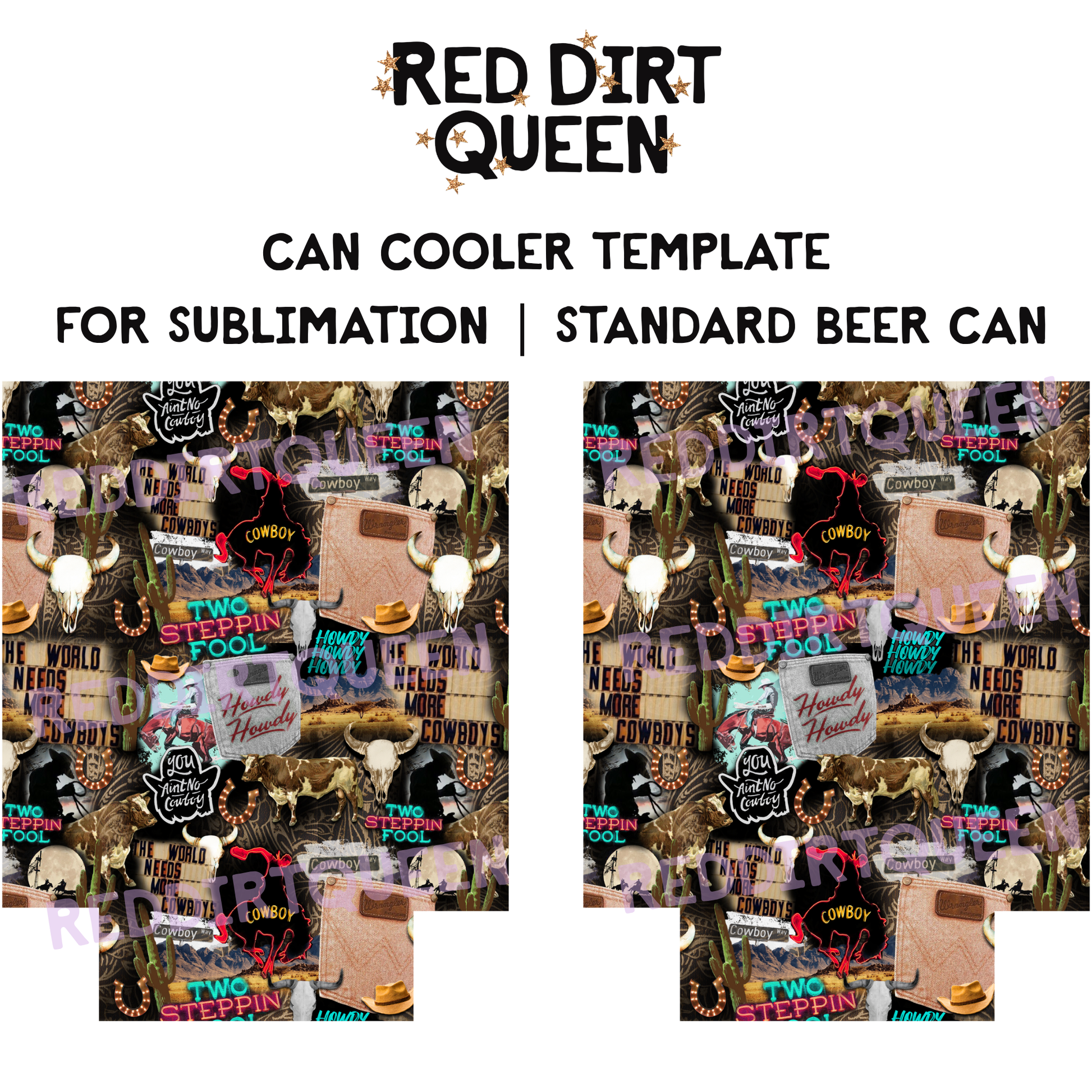 Cowboy collage with skulls, neon sign, cactus, hats, and horseshoes 12oz standard can cooler sublimation template PNG