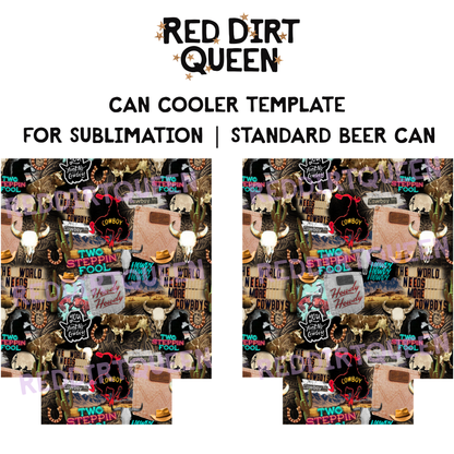 Cowboy collage with skulls, neon sign, cactus, hats, and horseshoes 12oz standard can cooler sublimation template PNG