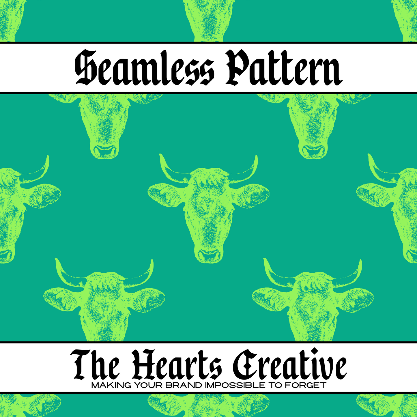 Neon green bull silhouettes on teal seamless pattern background