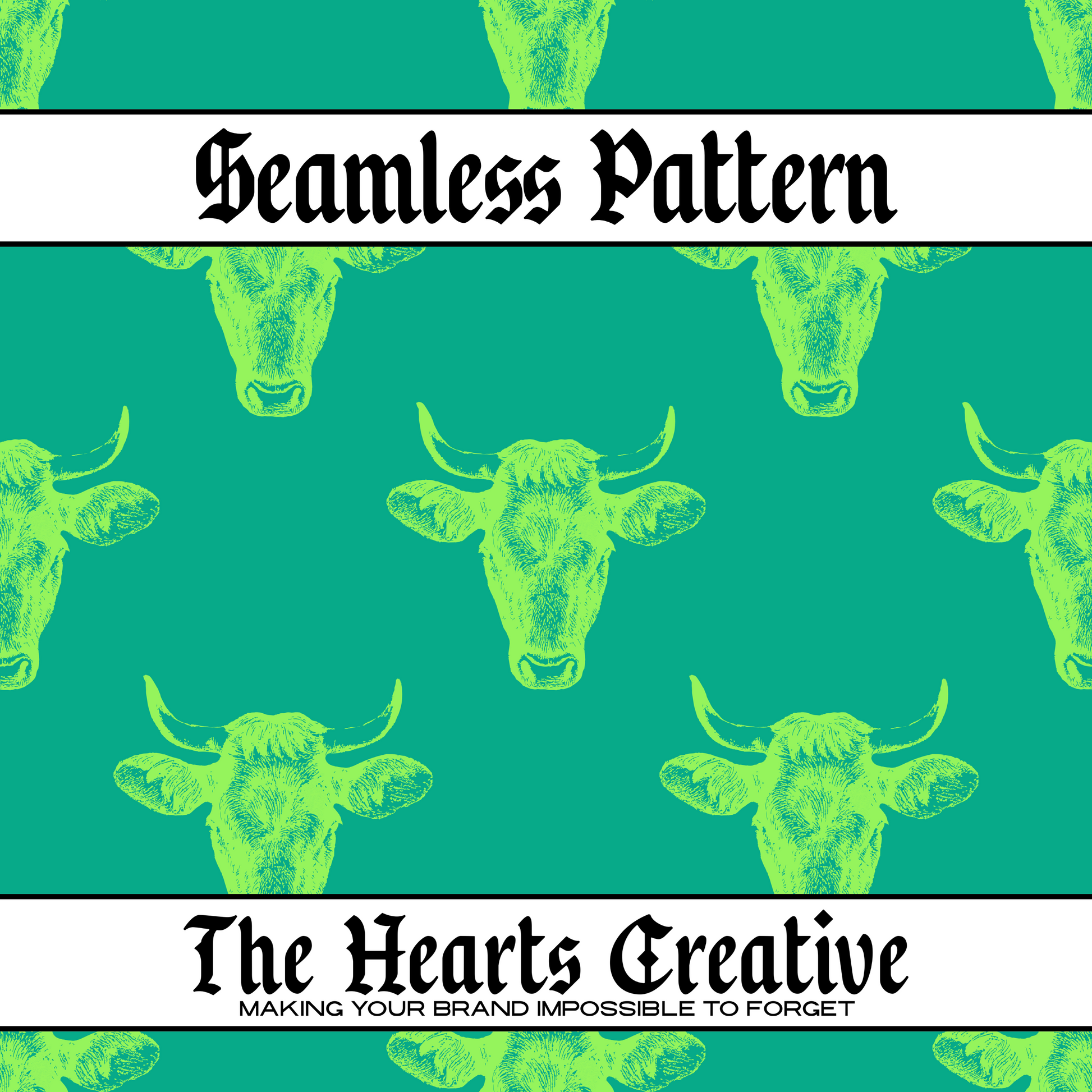 Neon green bull silhouettes on teal seamless pattern background