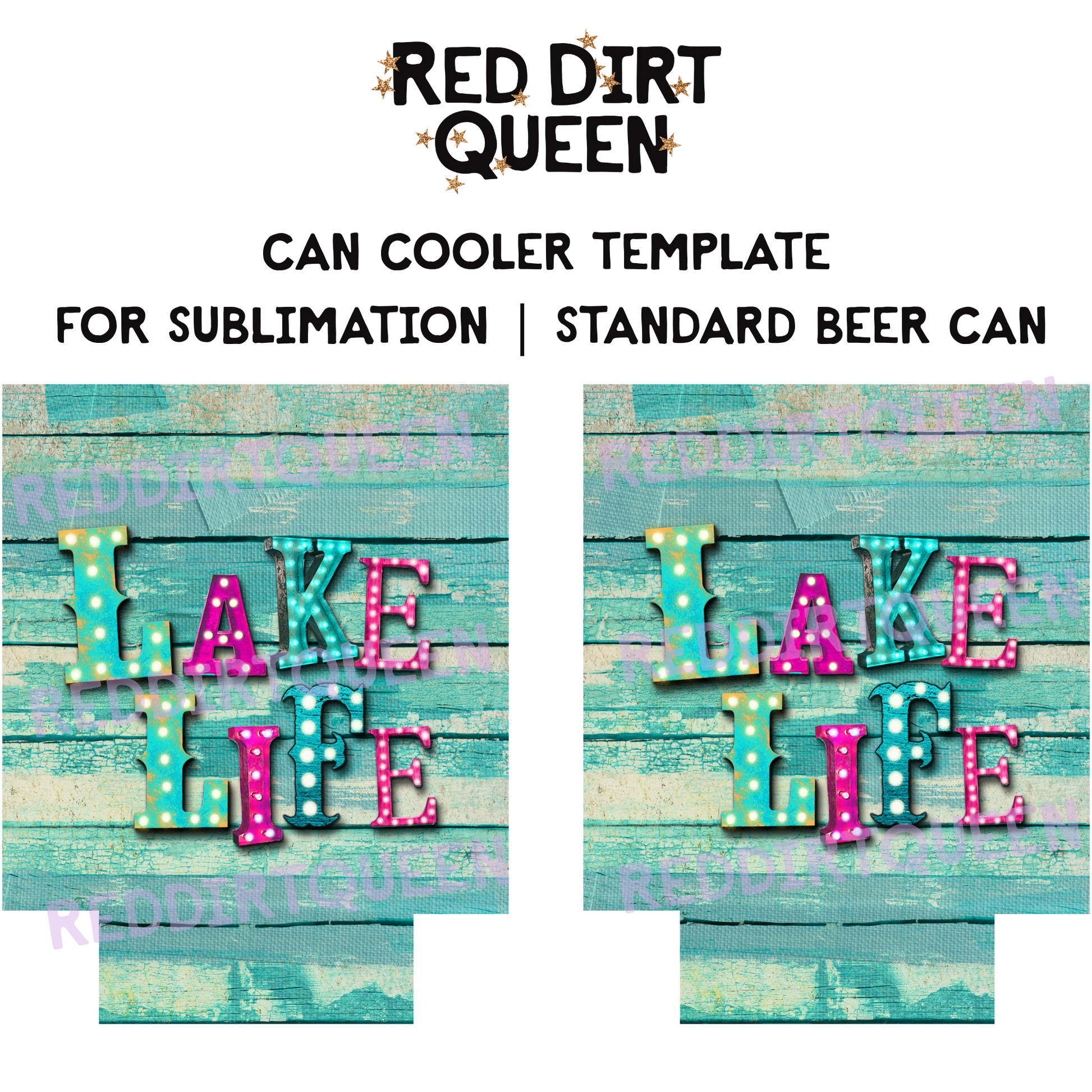 Turquoise wood background with neon “Lake Life” text 12oz standard can cooler sublimation template PNG