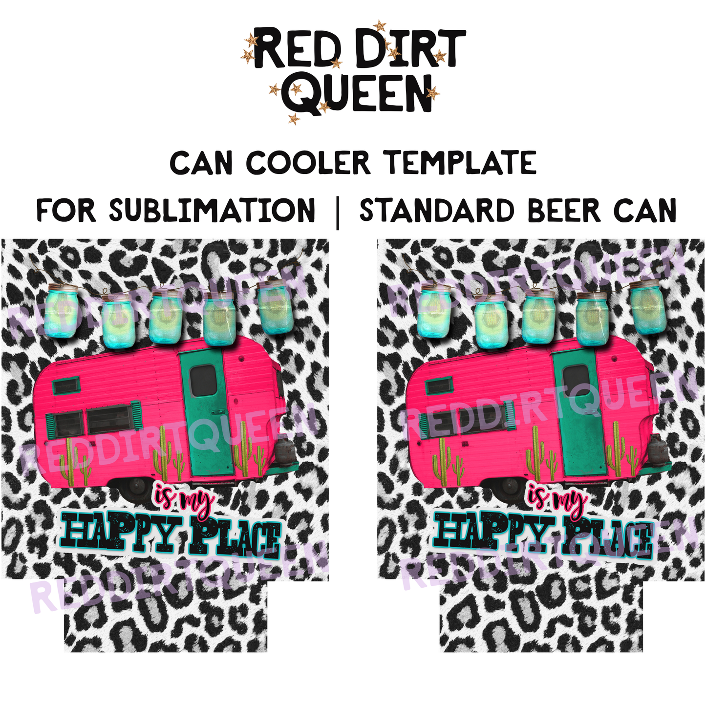 Leopard background with neon camper “Camping Is My Happy Place” 12oz standard can cooler sublimation template PNG