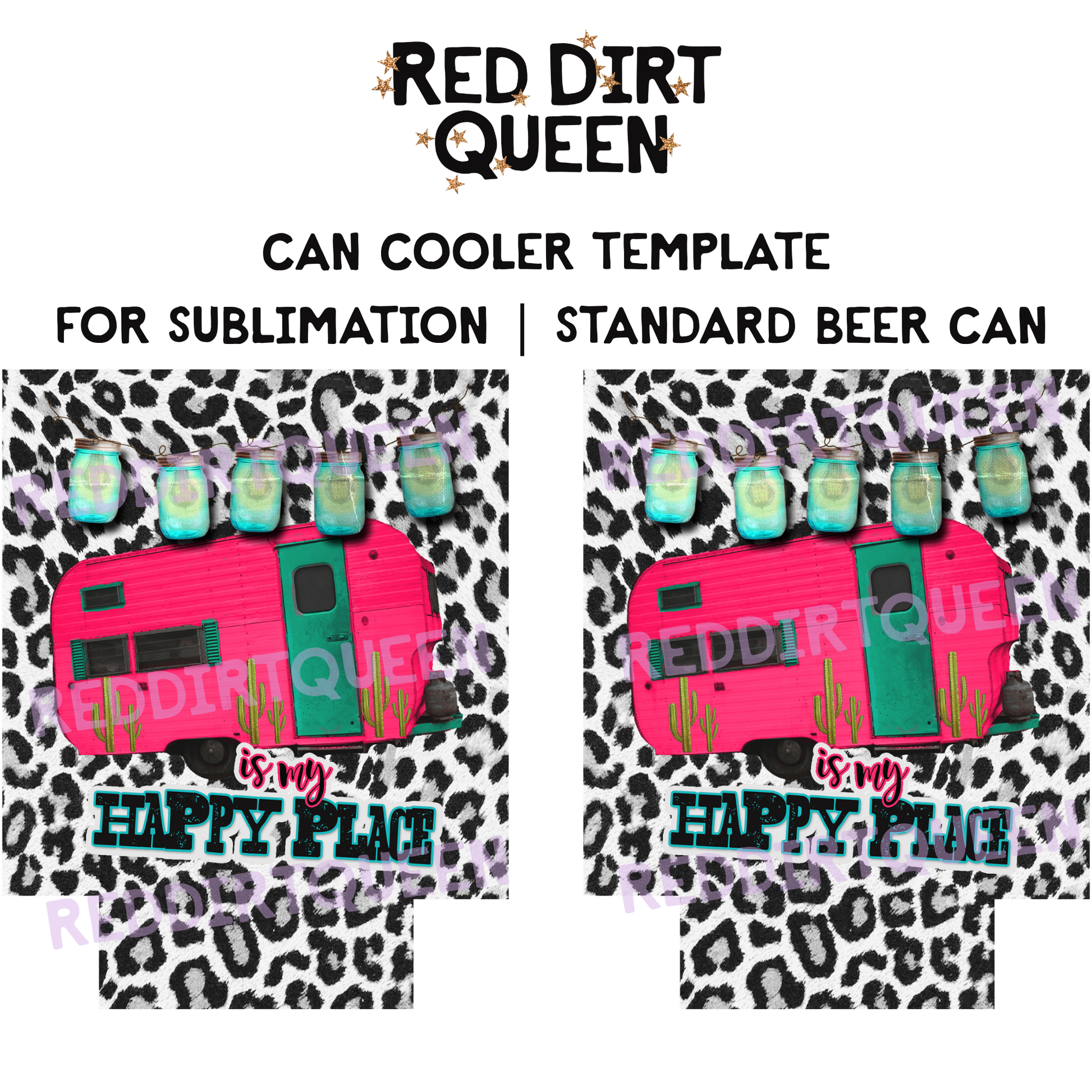 Leopard background with neon camper “Camping Is My Happy Place” 12oz standard can cooler sublimation template PNG
