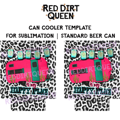 Leopard background with neon camper “Camping Is My Happy Place” 12oz standard can cooler sublimation template PNG