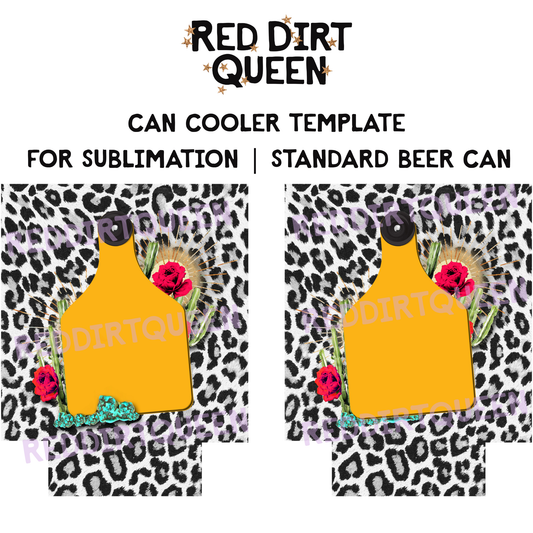 Black and white leopard background with yellow cow tag and floral cactus 12oz standard can cooler sublimation template PNG