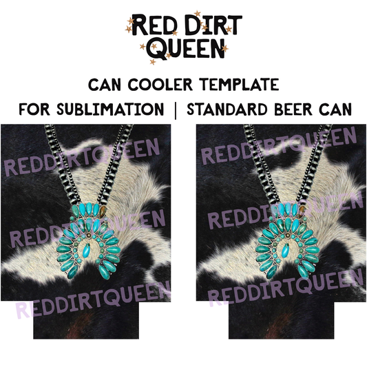 Black and white cowhide background with turquoise necklace 12oz standard can cooler sublimation template PNG